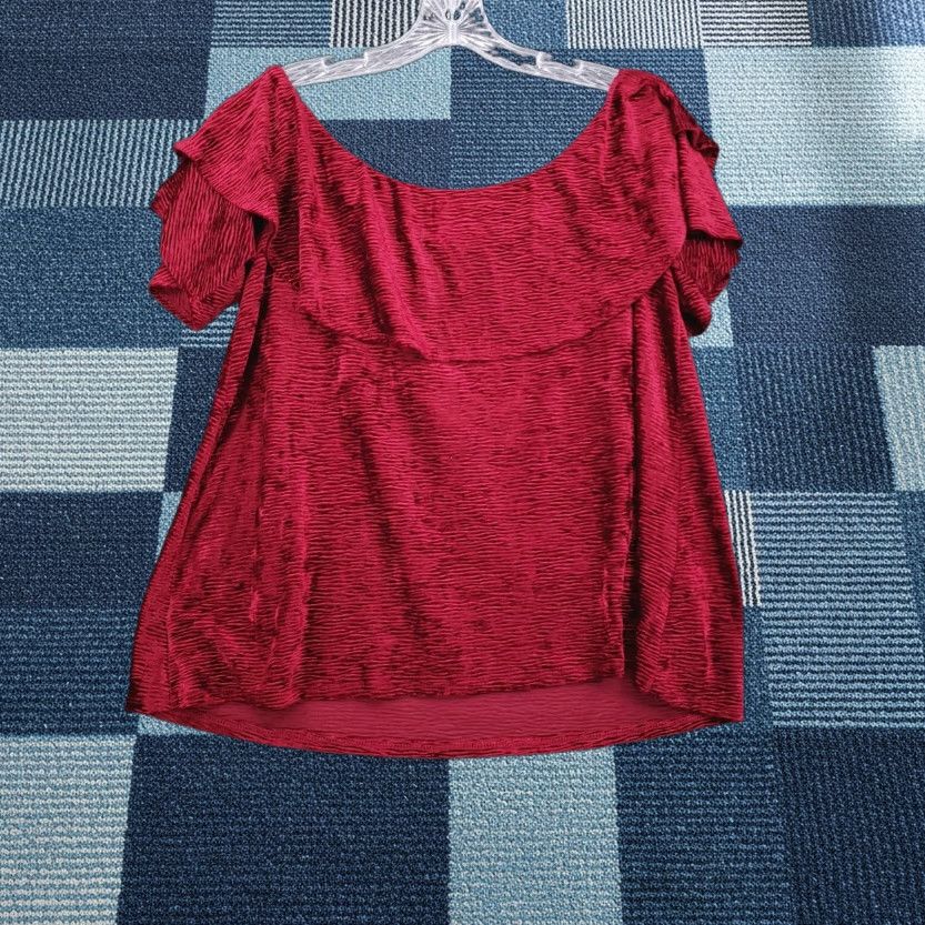 Vintage Knox Rose Blouse Womens L Red Velvet Off The Shoulder Ruffle Blouse Holiday Rose Sleeves: Flutter Short Sleeve Casual Party/Cocktail Shirt Size L / US 10 / IT 46 - 1 Thumbnail