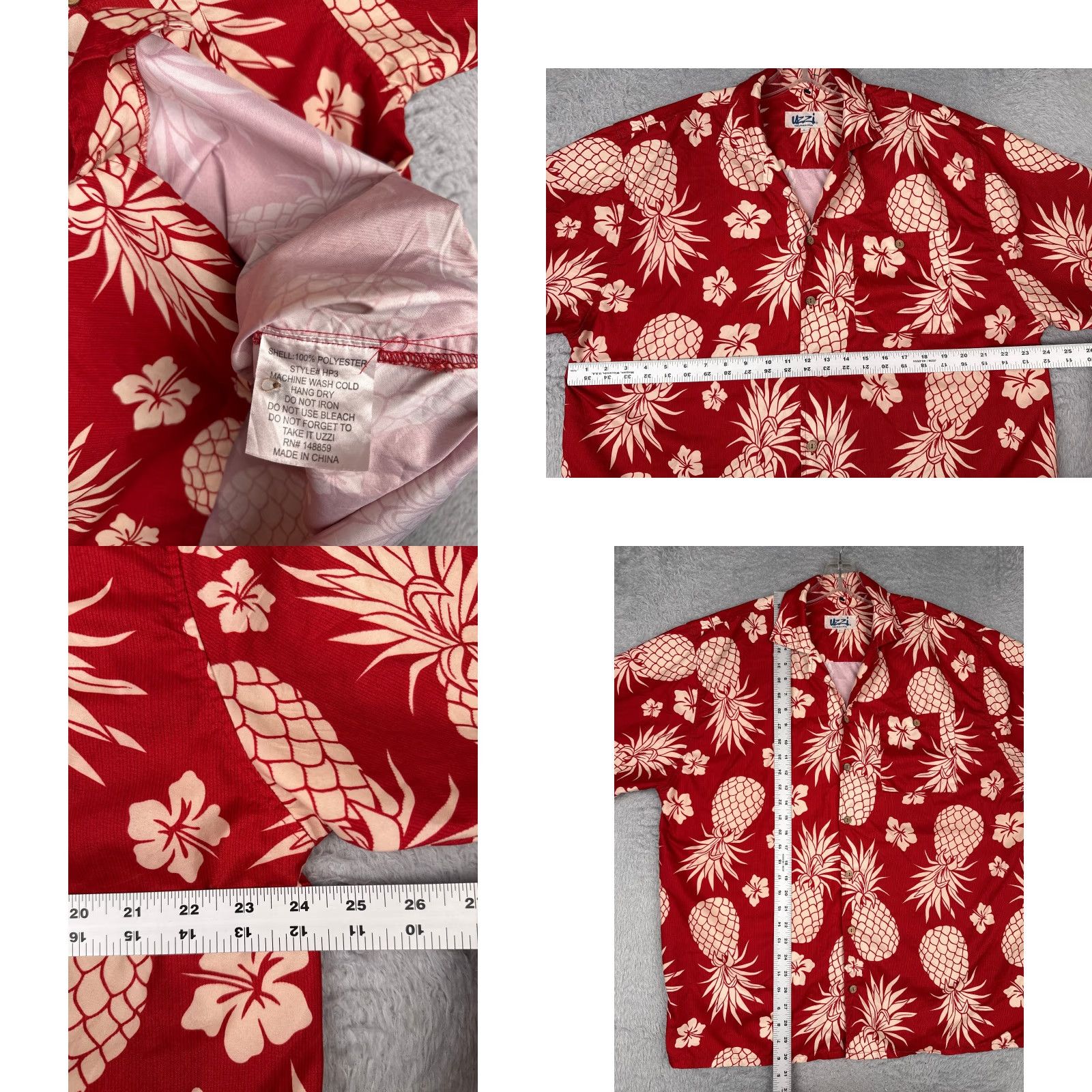 FUZZI Uzzi Button-Up Shirt Men Large Red Floral Pineapple 100% Polyester Pocket Hawaiian Resort Aloha Luau Vacation Size US L / EU 52-54 / 3 - 8 Thumbnail