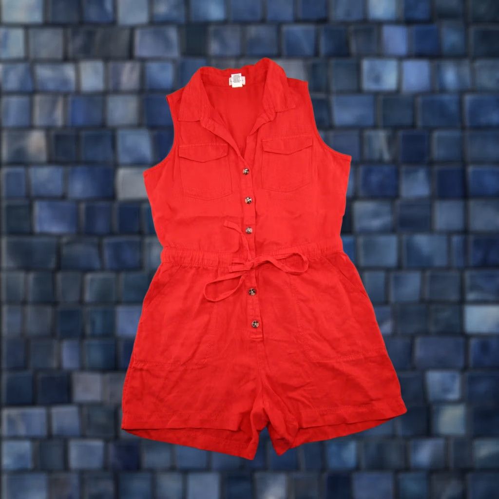 Nicole Miller Nicole Miller New York Romper Lyocell Linen Blend Red Sleeveless Button Up SZ 8 Size 30" / US 8 / IT 44 - 1 Thumbnail