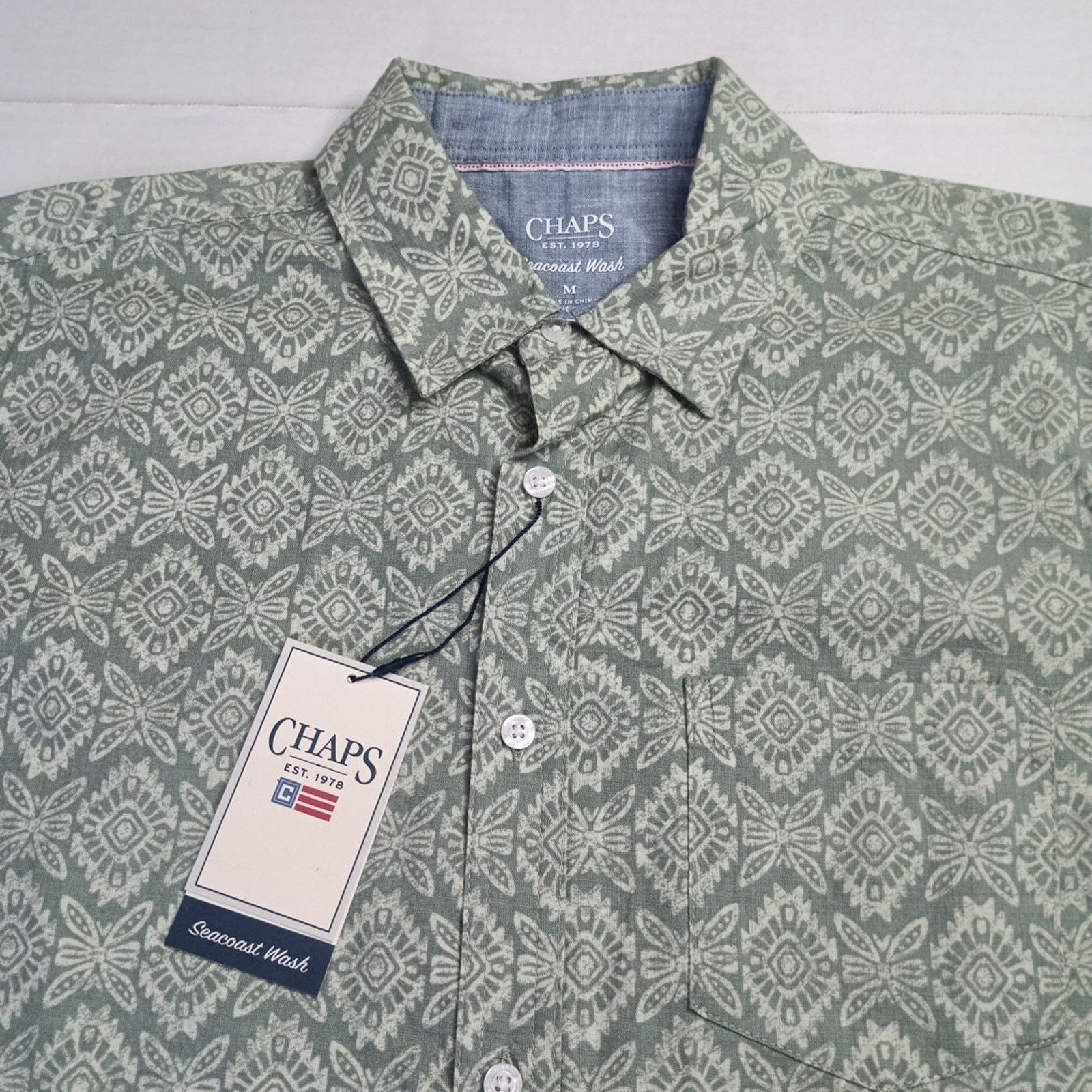 Chaps Chaps Seacoast Chambray Woven Shirt Mens M Green Aztec Print Size US M / EU 48-50 / 2 - 2 Thumbnail