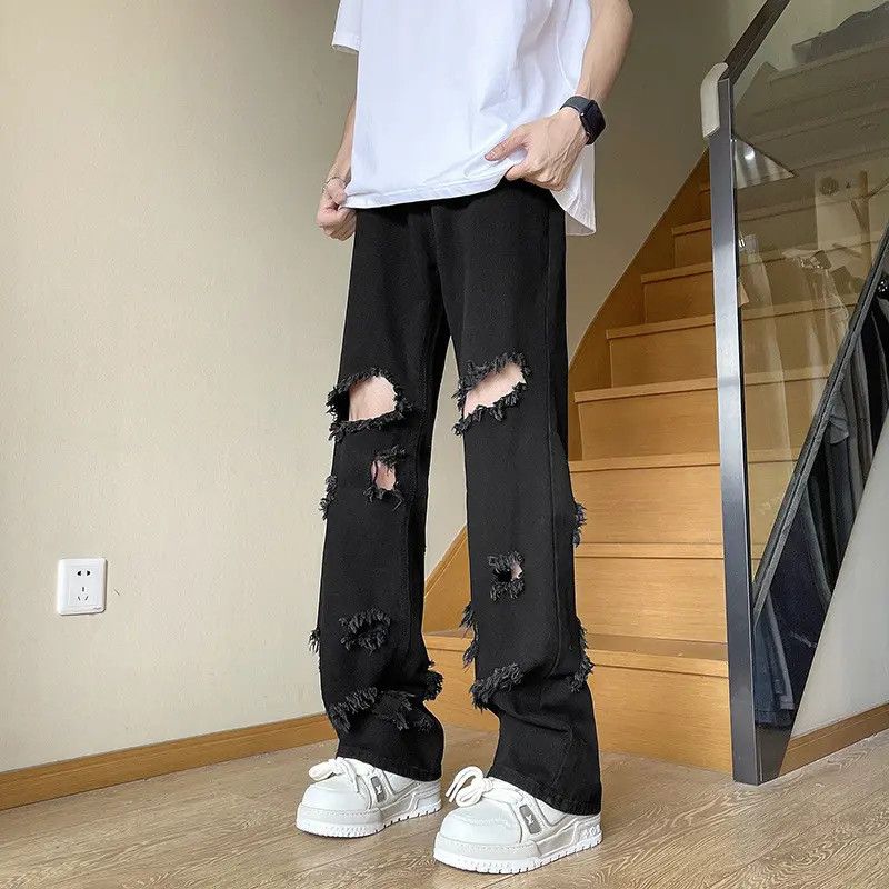 Japanese Brand Retro loose straight leg fringed ripped jeans Size US 32 / EU 48 - 5 Thumbnail