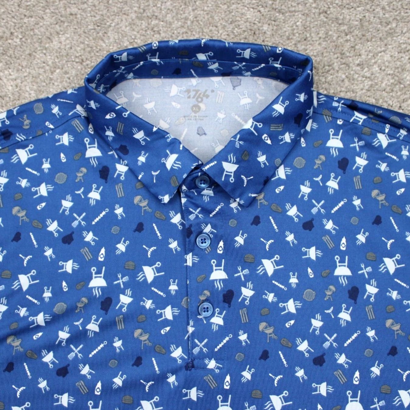 Vintage 1764 Polo Shirt Mens XL Blue Geometric All Over Print Stretch S/S Golf Polo Size US XL / EU 56 / 4 - 5 Thumbnail