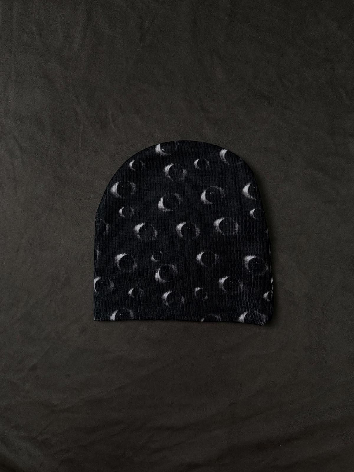 Japanese Brand Black All-Over Eyes Graphic No Cuff Knit Beanie Hat Black OS Size ONE SIZE - 1 Thumbnail