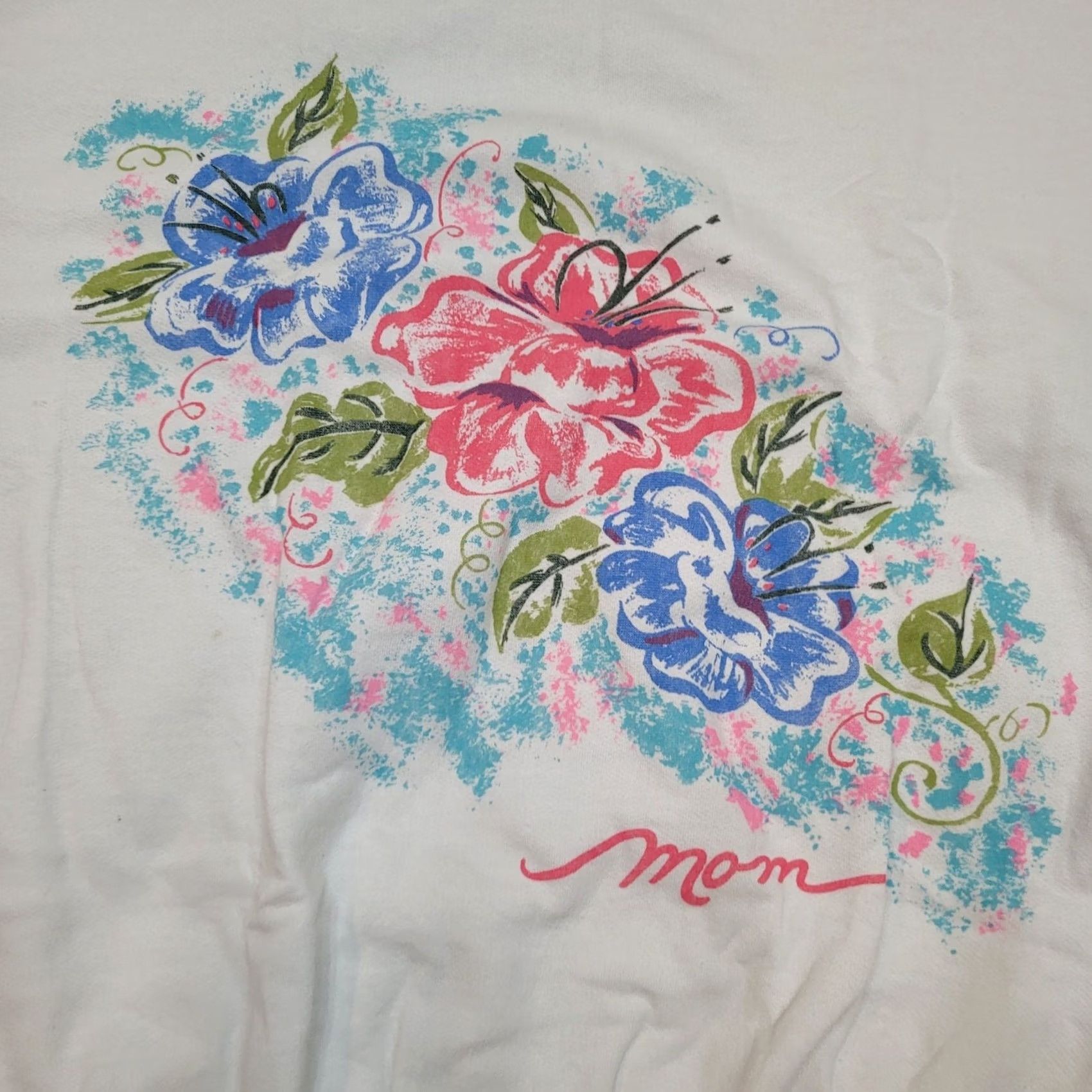 Vintage Mom Pastel Vintage 80s Sweatshirt Boxy Cropped Floral Batwing Knit XL White Fleece Size XL / US 12-14 / IT 48-50 - 2 Thumbnail