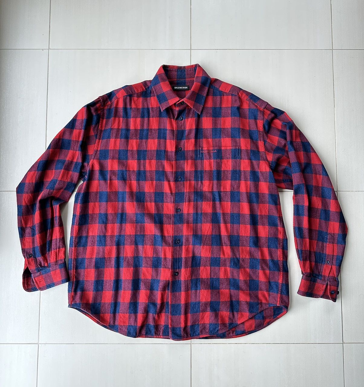 image of Balenciaga Red And Blue Check Flannel Shirt (Size 39) in Red Check, Men's (Size XL)