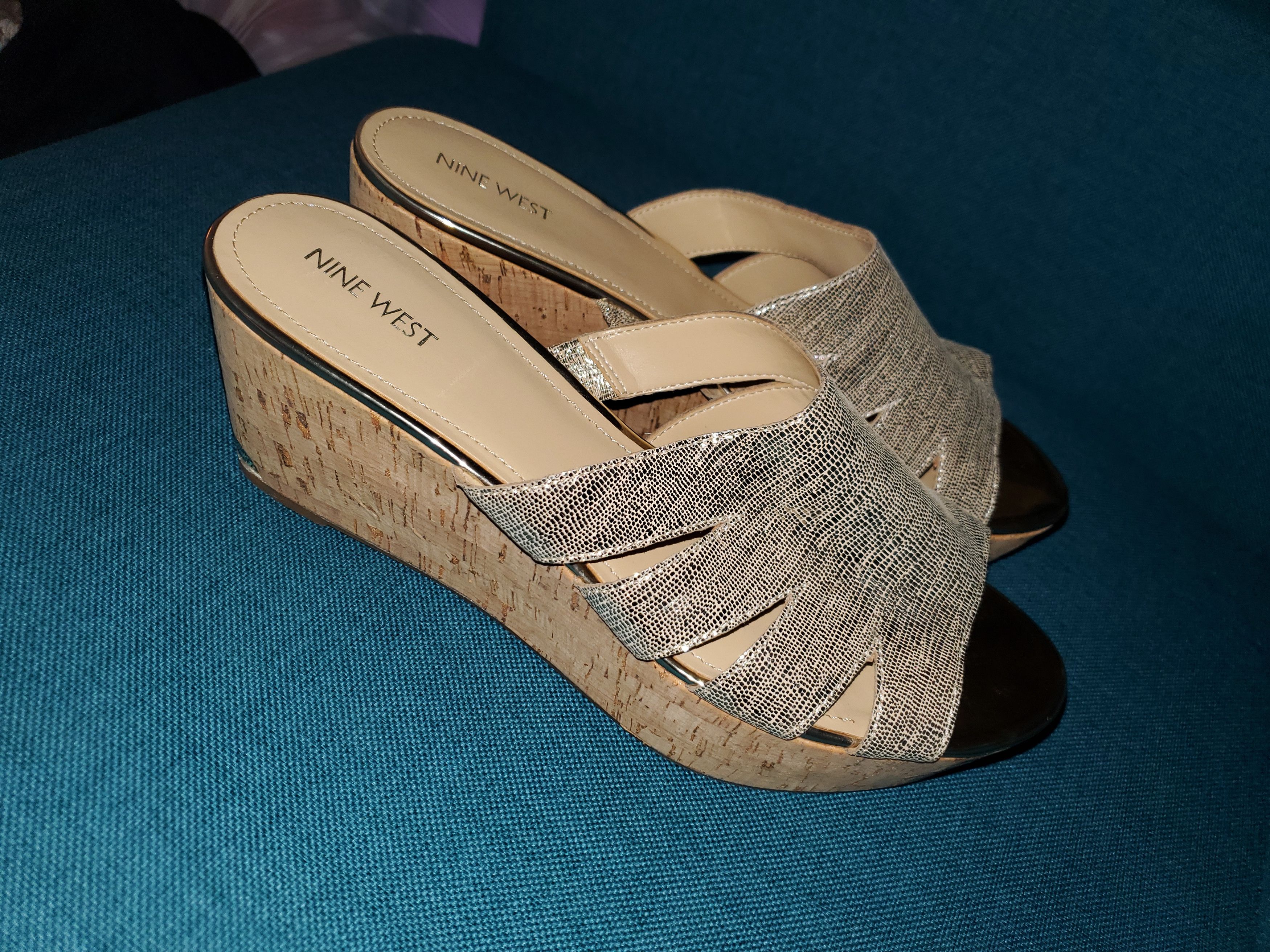 Nine West New! Gold Leather Cork Platform Wedges-size 12 Size US 12 / IT 42 - 8 Thumbnail