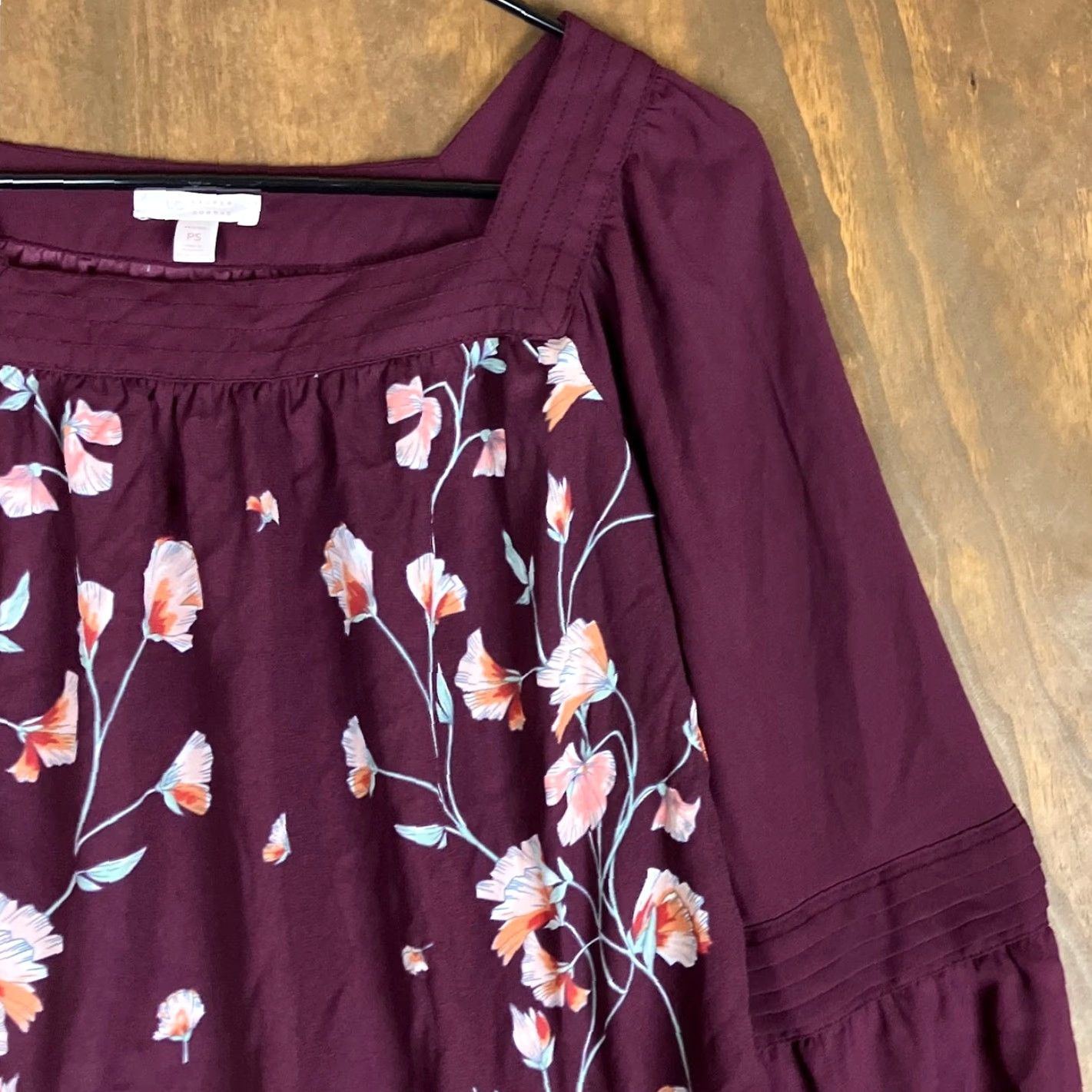 Lauren Conrad LC Lauren Conrad Blouse Womens Burgundy Petite Floral Square Neck Long Sleeve PS Size S / US 4 / IT 40 - 5 Thumbnail