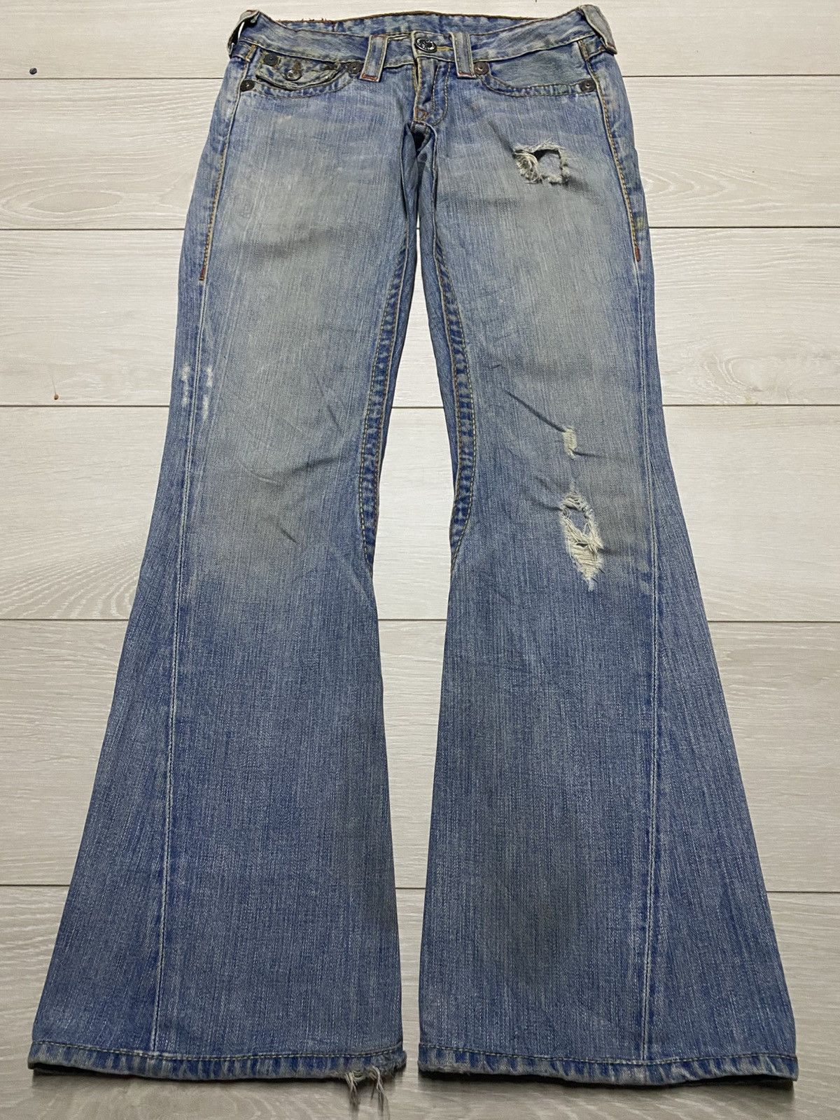 Tornado Mart True Religion Light Wash Super Flare Distressed Jeans Size US 29 - 1 Thumbnail
