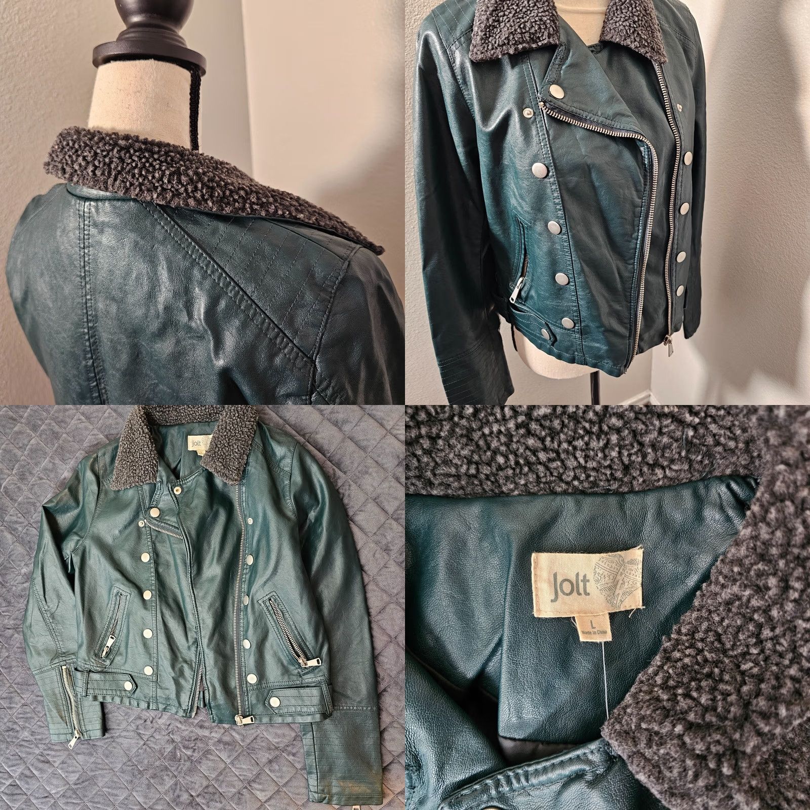 Vintage Jolt Jacket Green Size L Womens Faux Fur Accent Zipper Leather Long Sleeve Size L / US 10 / IT 46 - 8 Thumbnail
