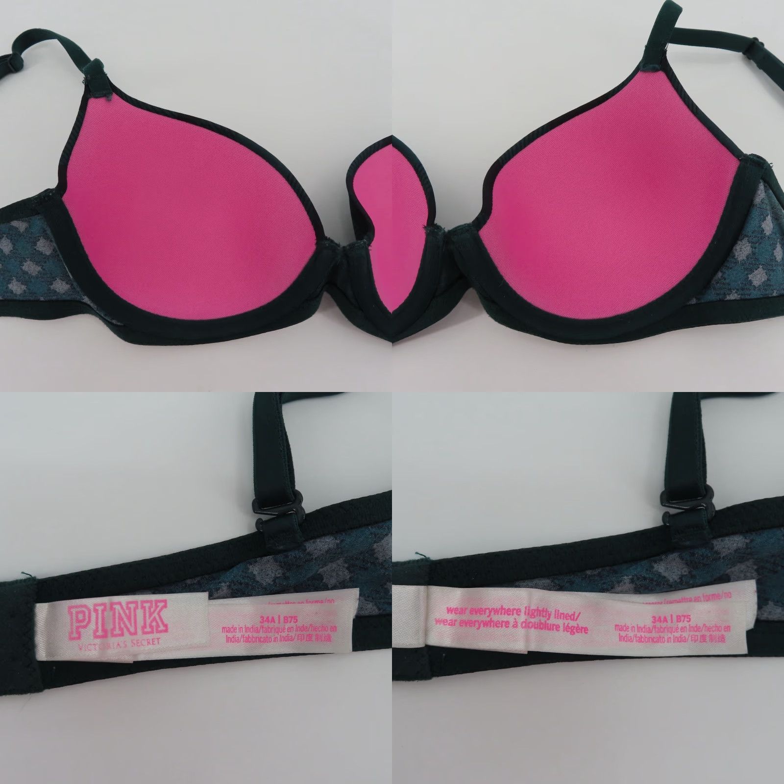 Vintage PINK Victoria's Secret Wear Everywhere Lightly Lined Bra 34A Green Plaid Tartan Underwire Push Up Women Size ONE SIZE - 8 Thumbnail