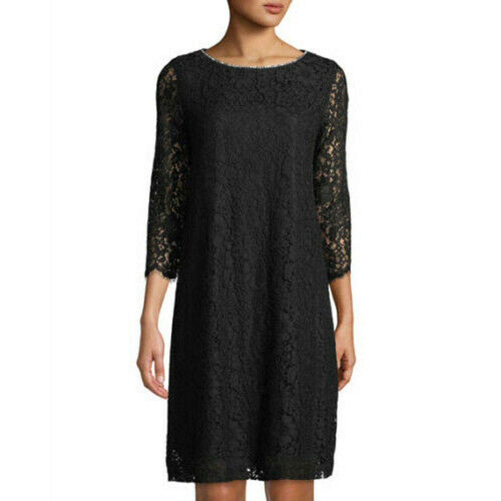 Karl Lagerfeld Paris Black Lace Shift Dress 3/4 Sleeve NEW 4