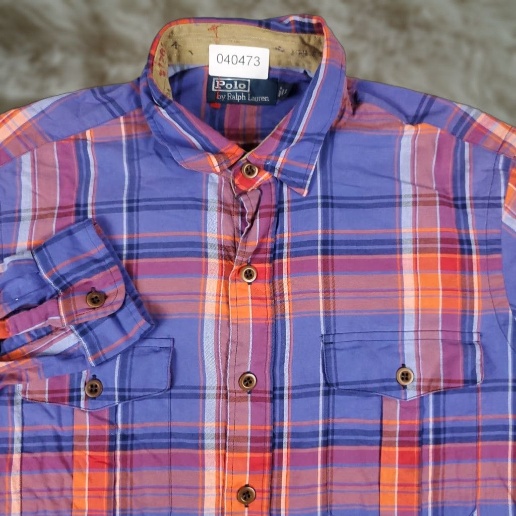 Ralph Lauren VINTAGE Ralph Lauren Shirt Mens Large Orange Blue Plaid 2 Pocket Button Up Long Sleeve - Blue, Cotton, Regular Fit, 2 Pocket, Button-Down Collar Mens Size US L / EU 52-54 / 3 - 1 Thumbnail
