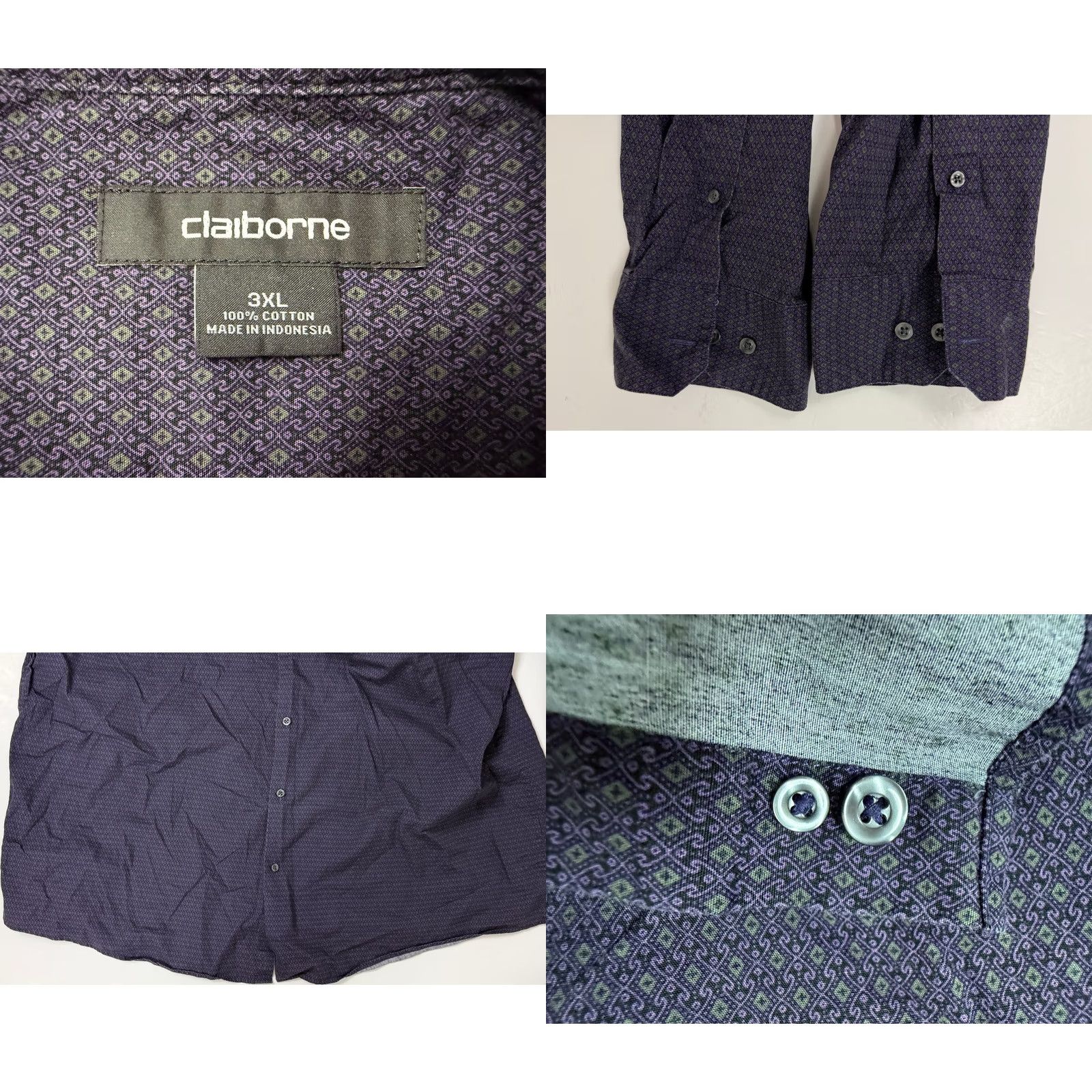 Liz Claiborne VINTAGE Claiborne Shirt Geometric 3XL Purple Cotton Button-Up Casual Mens Size US XXL / EU 58 / 5 - 9 Thumbnail