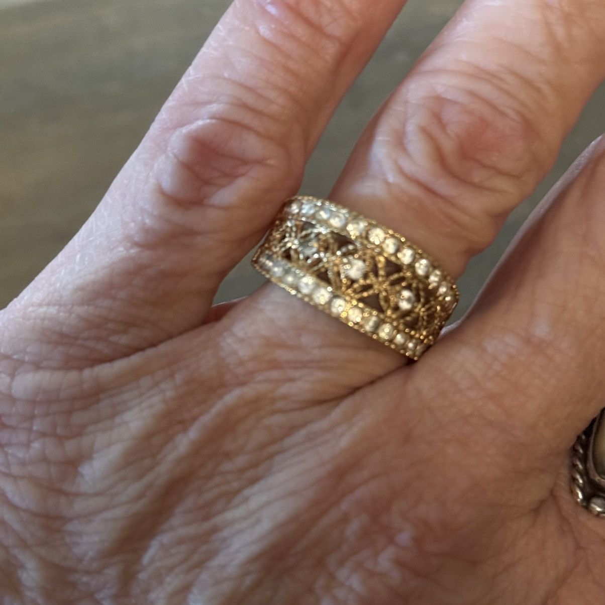 Vintage Vintage 14KHGE LIND gold tone filigree & crystals band ring Size ONE SIZE - 4 Thumbnail
