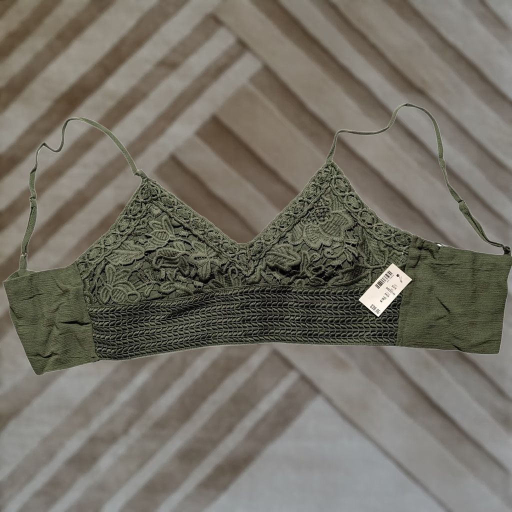 Aeropostale VINTAGE Aeropostale Bralette Top Shirt Womens Olive Green Lace Wrap Tie Bra M Green Floral Crochet Embroidered Festival boho Size M / US 6-8 / IT 42-44 - 1 Thumbnail