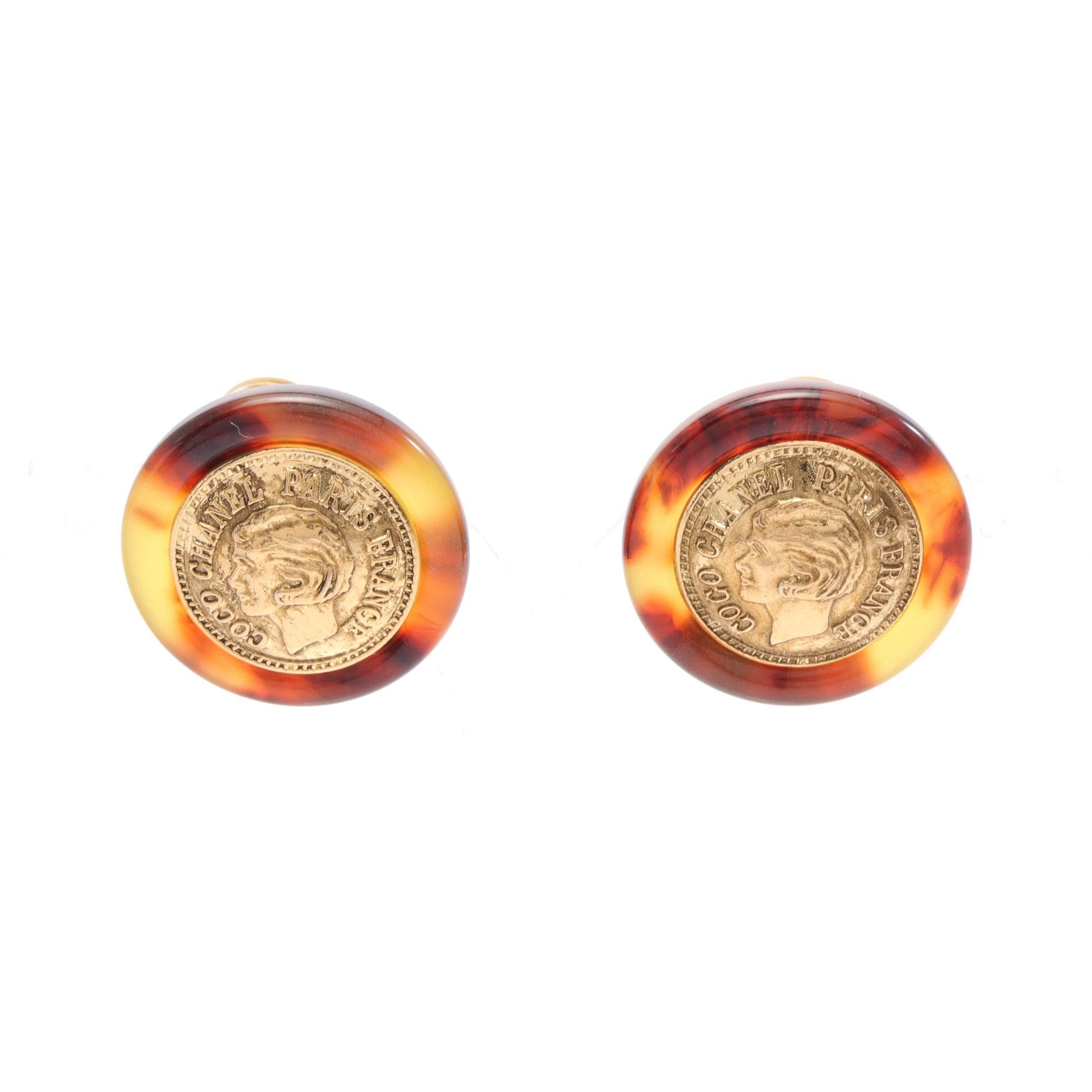 image of Chanel Earrings Coin Motif Tortoiseshell Gp Gold Brown 97P, Women's