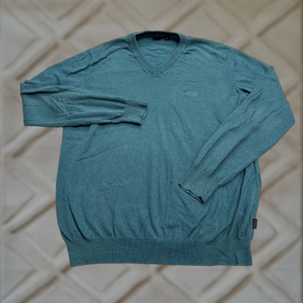 Hugo Boss VINTAGE? No — Actually Hugo Boss Badu Regular Fit V-Neck Pullover Sweater Men XL Teal Blue Cotton Size US XL / EU 56 / 4 - 1 Thumbnail