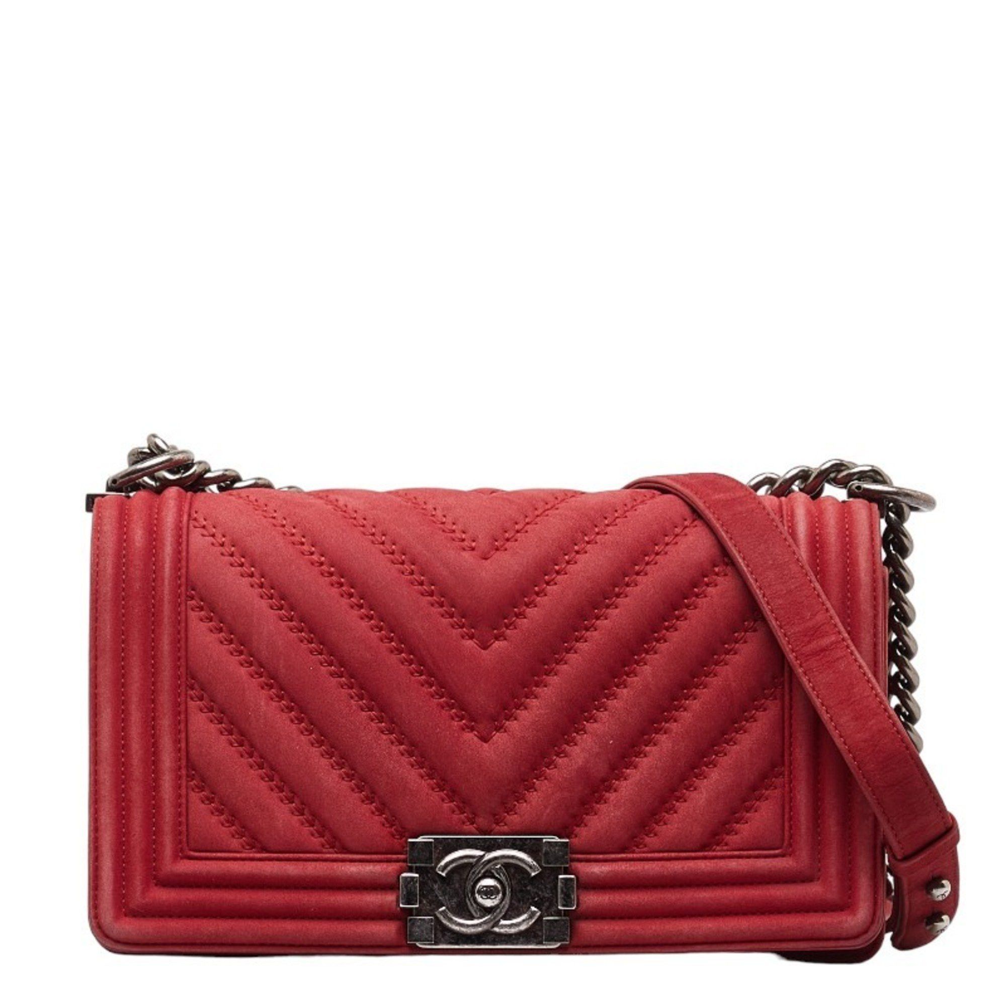 image of Chanel Boy Coco Mark Chain Shoulder Bag Red Silver Suede Women's Chanel in Red Color