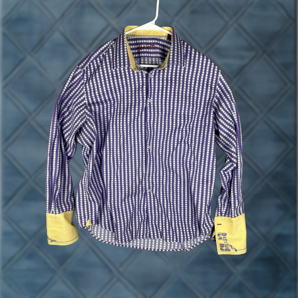 Robert Graham Robert Graham Shirt Mens XL XXL Purple Stripe Yellow Cuff Long Sleeve Button Size US XL / EU 56 / 4 - 1 Thumbnail