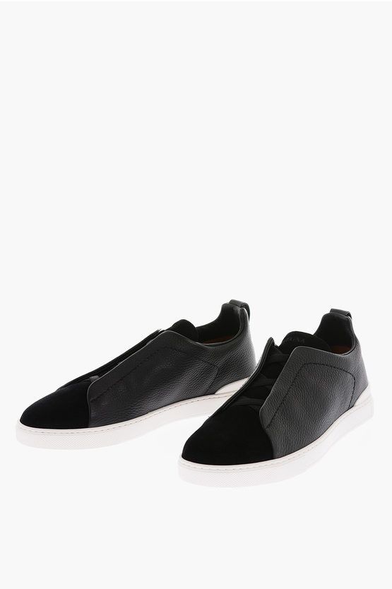 image of Ermenegildo Zegna Leather And Suede Triple Stitch Sneakers in Black, Men's (Size 7)