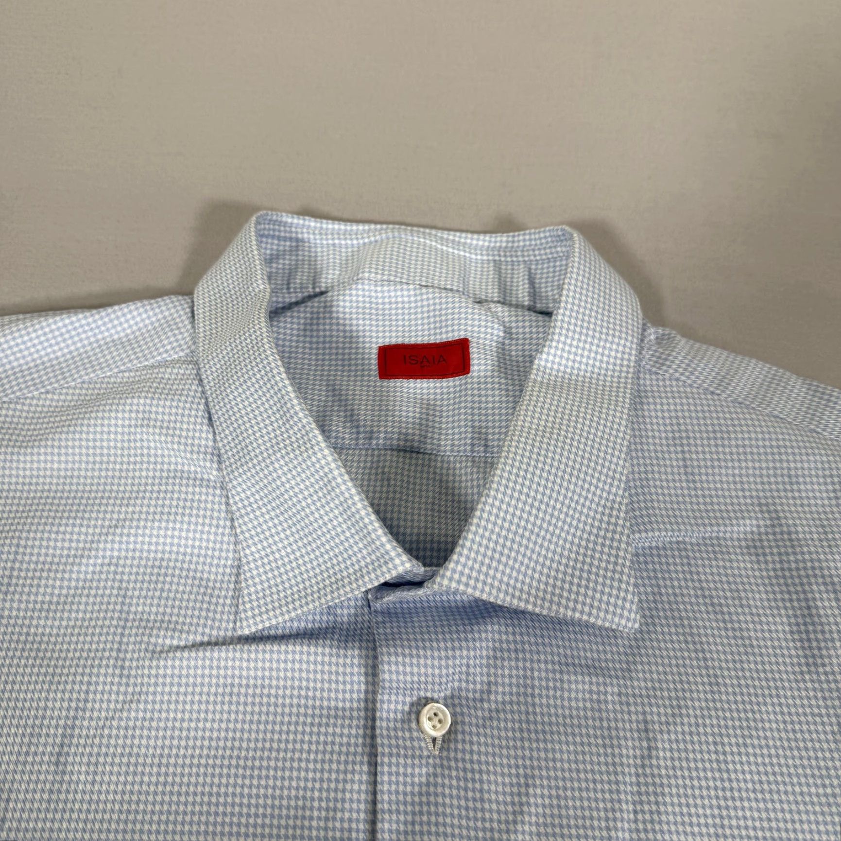 Isaia Isaia Shirt Mens XL Light Blue Micro Houndstooth French Cuff Dress Italy Preppy Size 46R - 3 Thumbnail