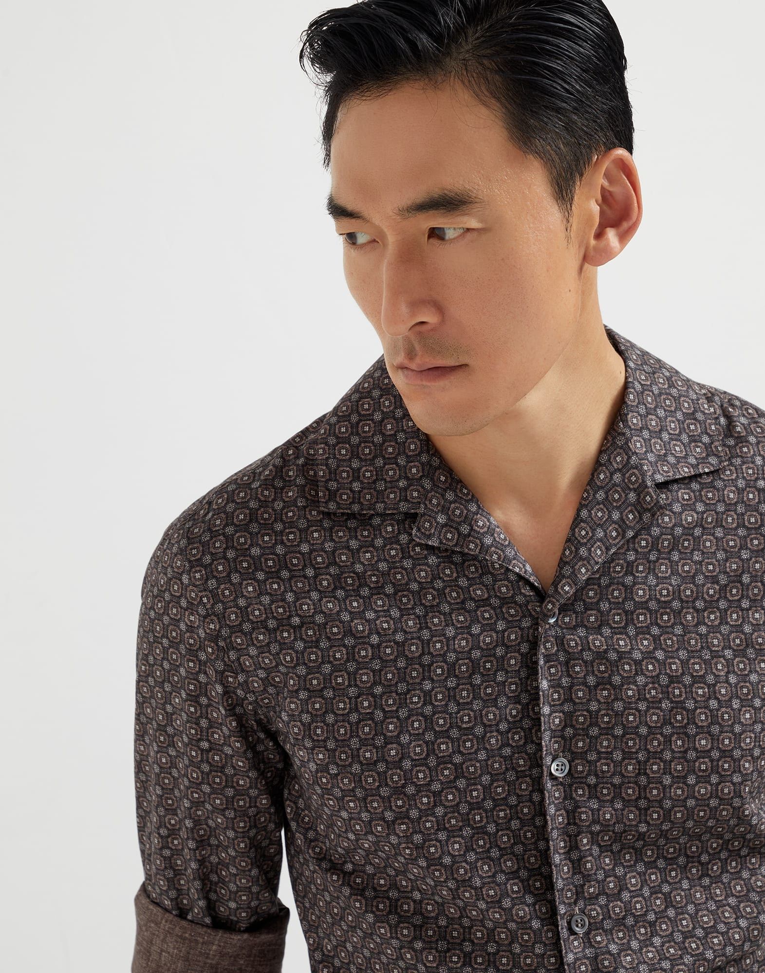 Brunello Cucinelli o1la1rc1a0326 Geometric Print Twill Easy Fit Shirt in Brown Size US M / EU 48-50 / 2 - 3 Thumbnail