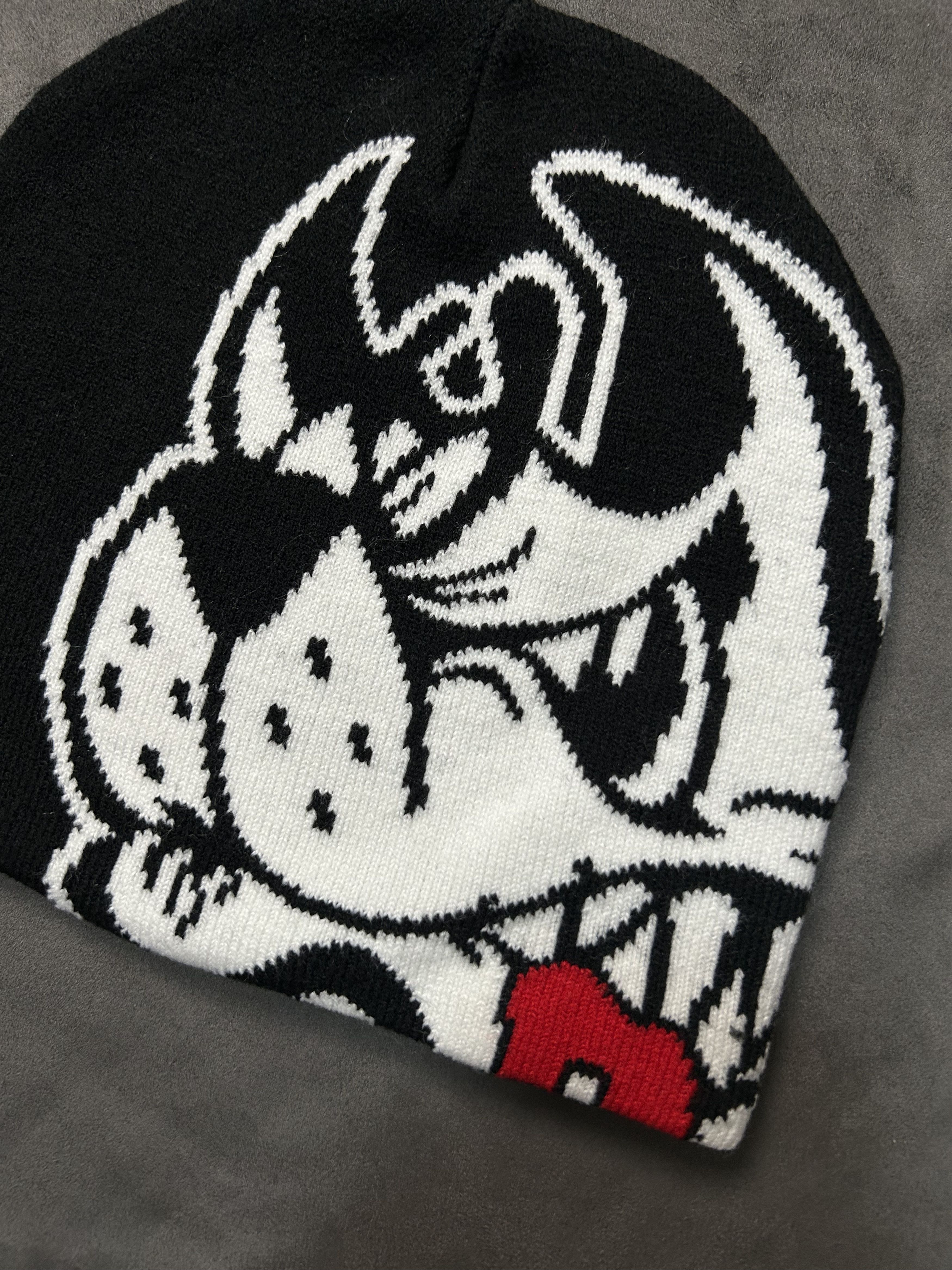 Japanese Brand Angry Wolf Graphic Graphic No Cuff Knit Beanie Black Hat OS Size ONE SIZE - 2 Thumbnail