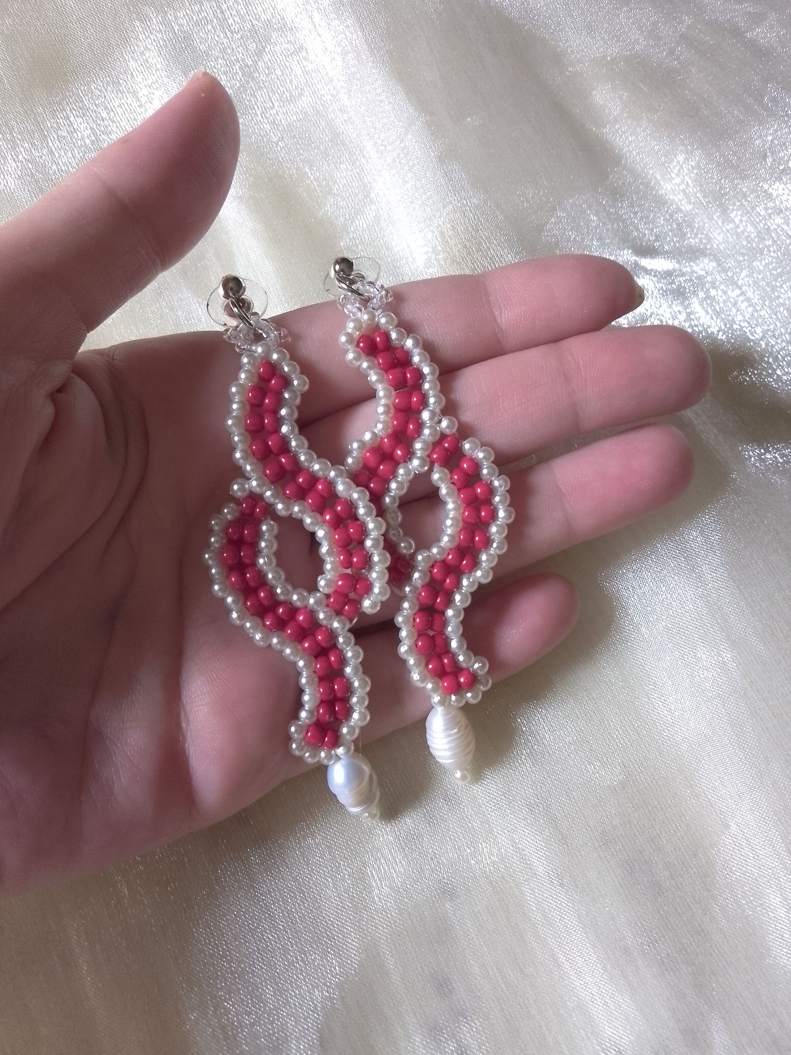 Handmade Long earrings red beaded with Freshwater pearls dangling Size ONE SIZE - 5 Thumbnail