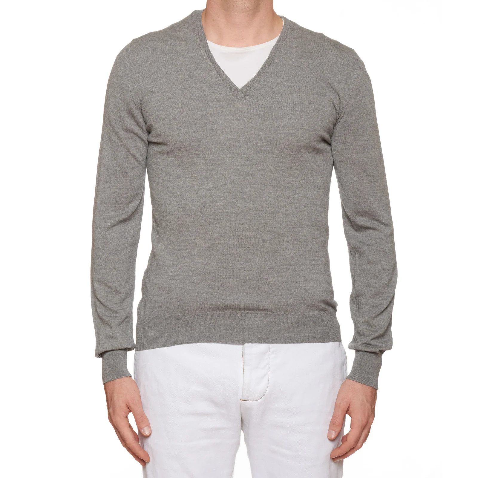 Yves Saint Laurent YVES SAINT LAURENT Gray Cotton V-Neck Sweater EU 50 US M Size US M / EU 48-50 / 2 - 1 Thumbnail