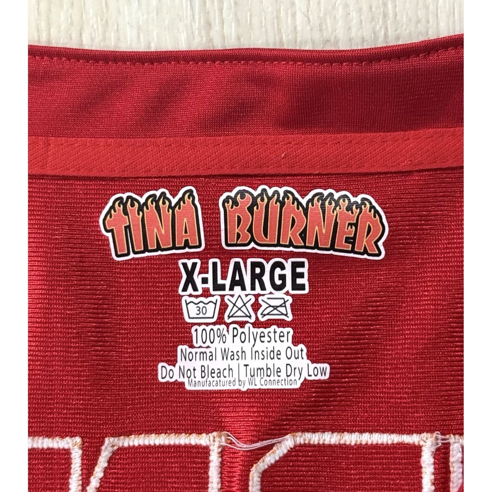 Vintage Tina Burner ‘Lady Linebacker’ Football Jersey XL Red T-Shirt Graphic Print Short Sleeve V-Neck Men’s RuPaul’s Drag Race Emoji Logo Embroidered Size US XL / EU 56 / 4 - 8 Thumbnail