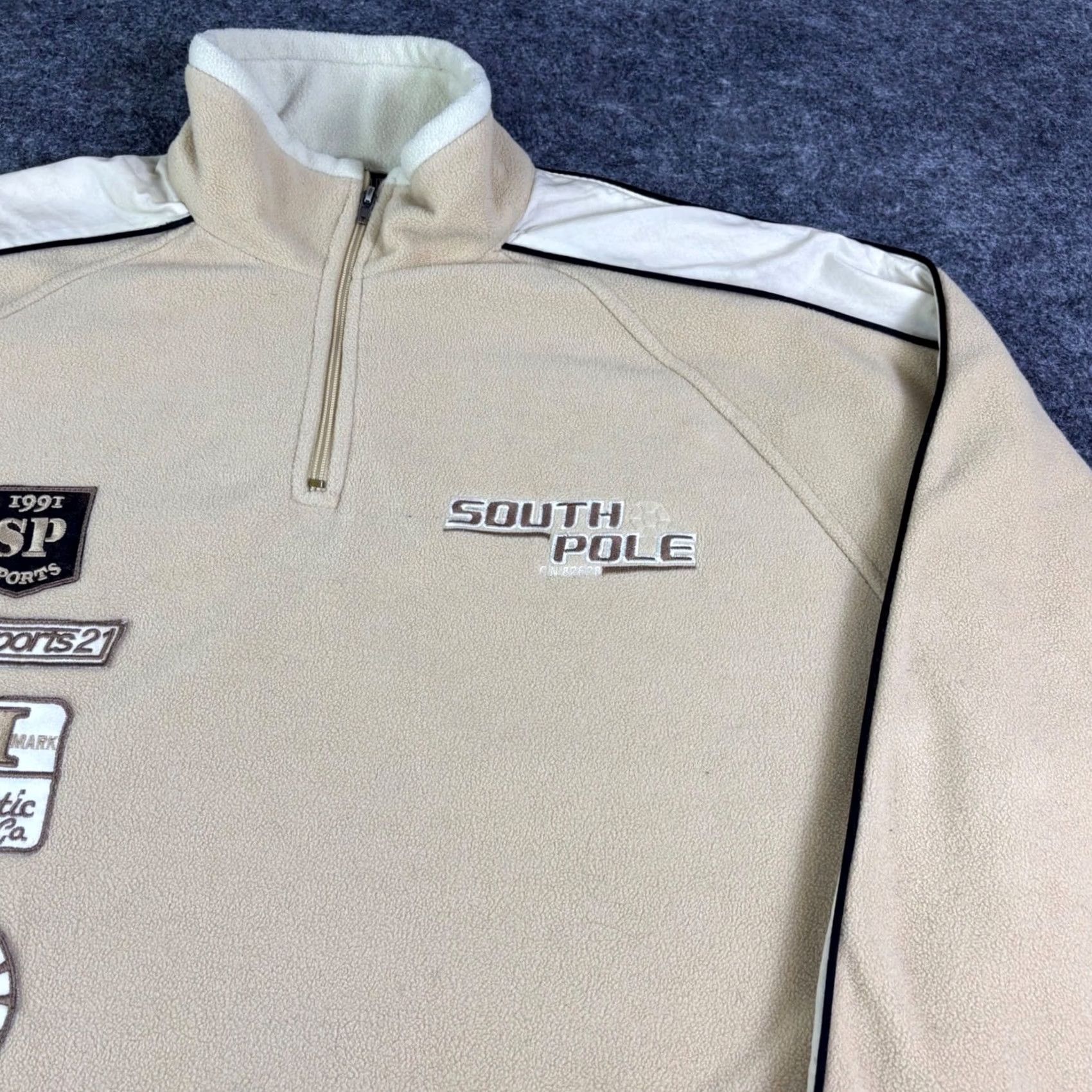 Southpole Southpole Mens Quarter Zip Fleece Pullover Tan Vintage Patches Large RN82628 Size US L / EU 52-54 / 3 - 6 Thumbnail