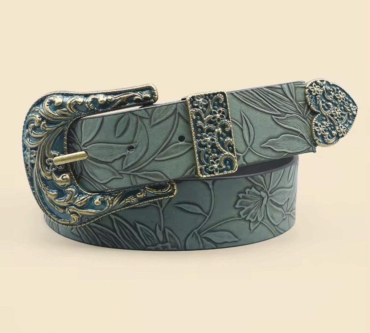 Japanese Brand Carved Leaf Pu Leather Belt 110 cm Size ONE SIZE - 3 Thumbnail