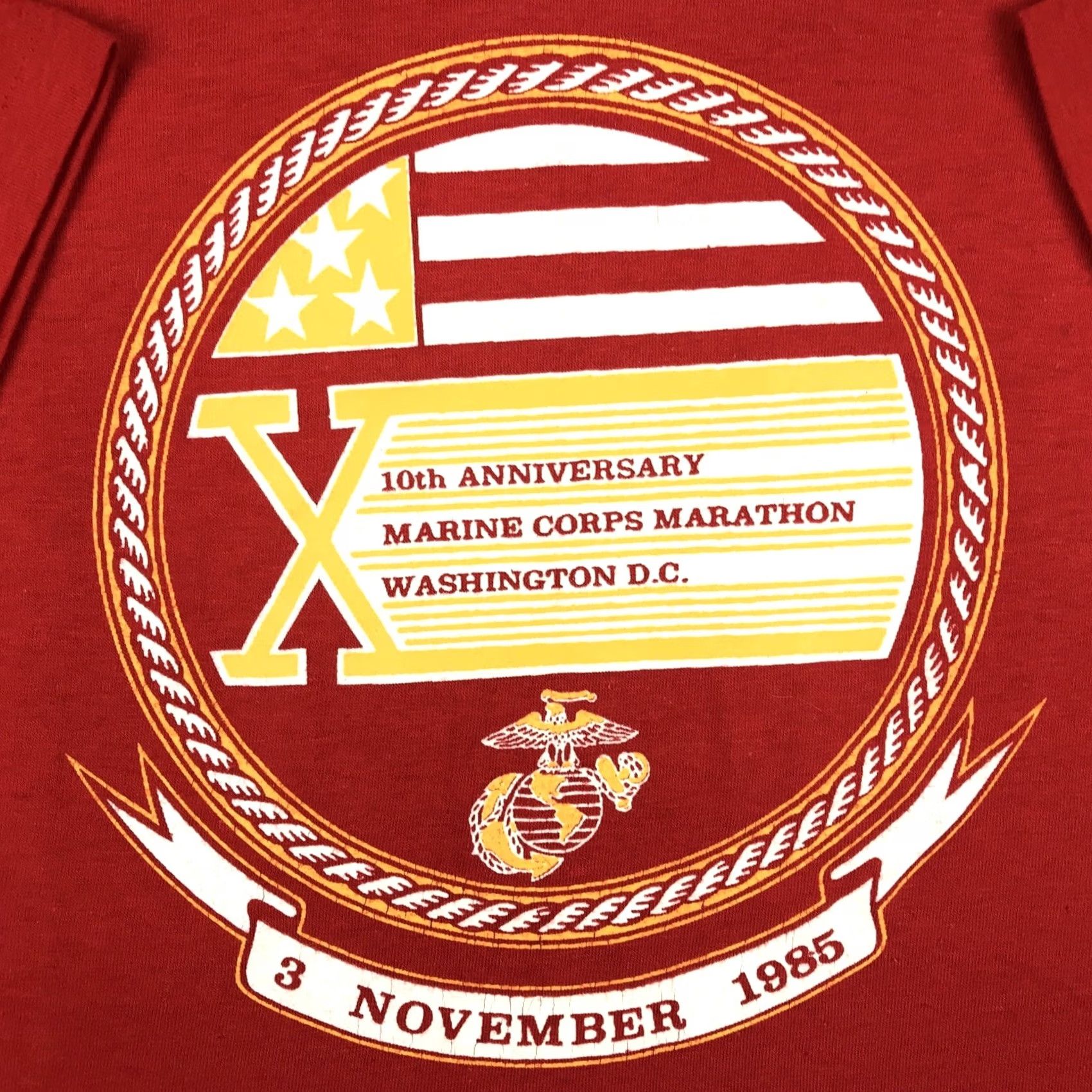 Velva Sheen vtg 1985 USMC UNITED STATES MARINE CORPS MARATHON T-Shirt XS single stitch Men Red 80s 90s USA Patriotic Marine T-Shirt Mens XS Red USMC Marathon Size US XS / EU 42 / 0 - 5 Thumbnail