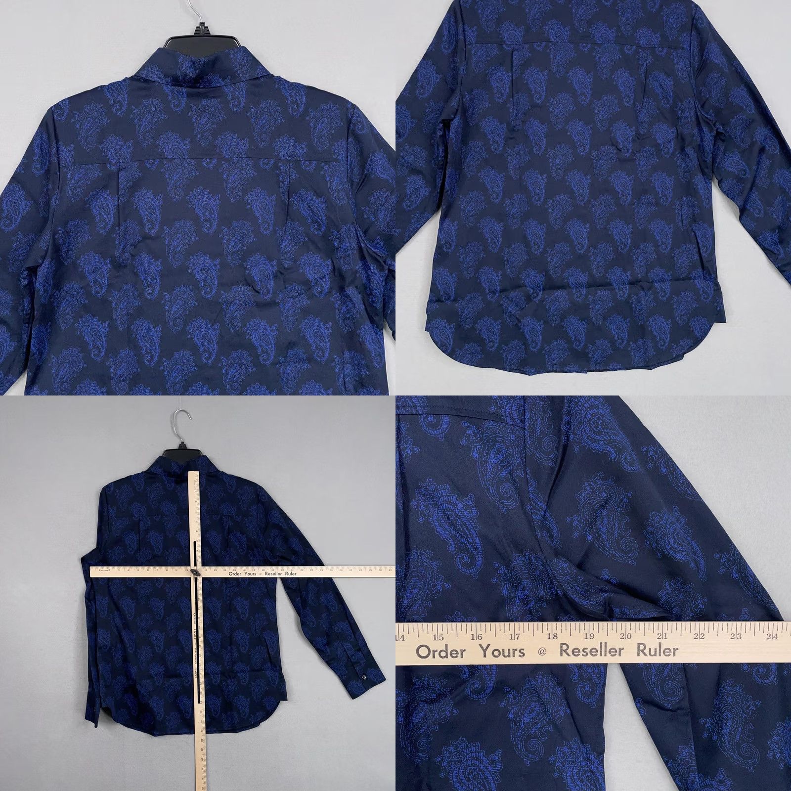Vintage Hinson Wu Shirt Womens 6 Navy Blue Paisley Print Button Front Cotton Blouse Size M / US 6-8 / IT 42-44 - 8 Thumbnail