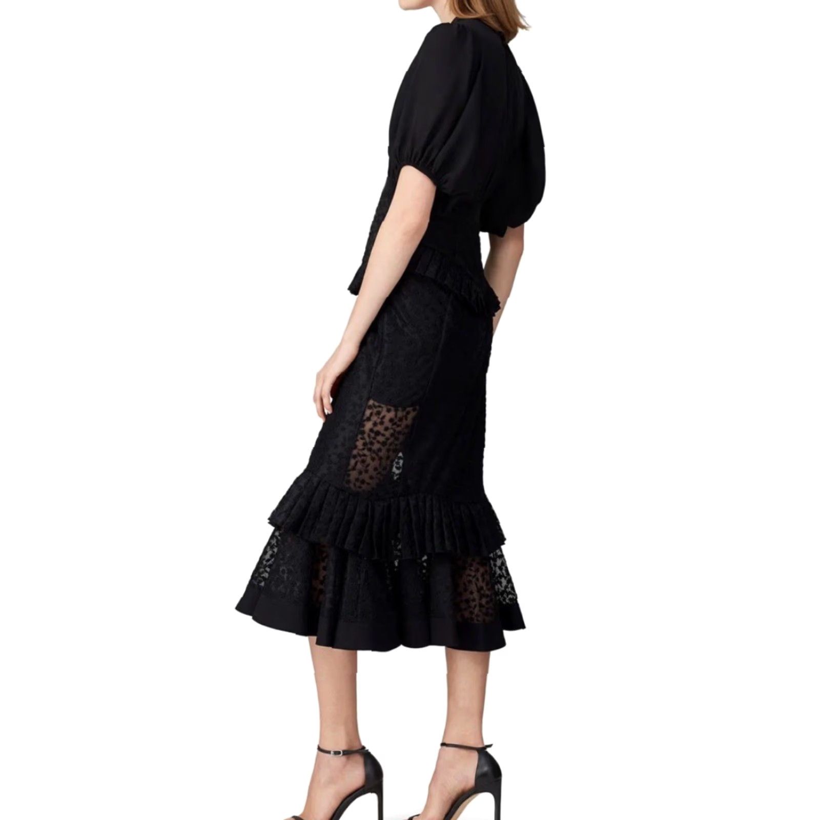 ALEXIS ALEXIS Dress Black Midi V-Neck Tiered Ruffle Floral Lace Size L Designer Size L / US 10 / IT 46 - 6 Thumbnail