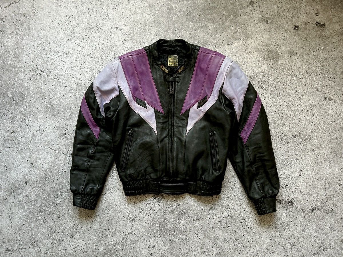 image of Avant Garde x Harley Davidson Real Leather Motorcycle Jacket 90's in Black/Purple (Size Medium)