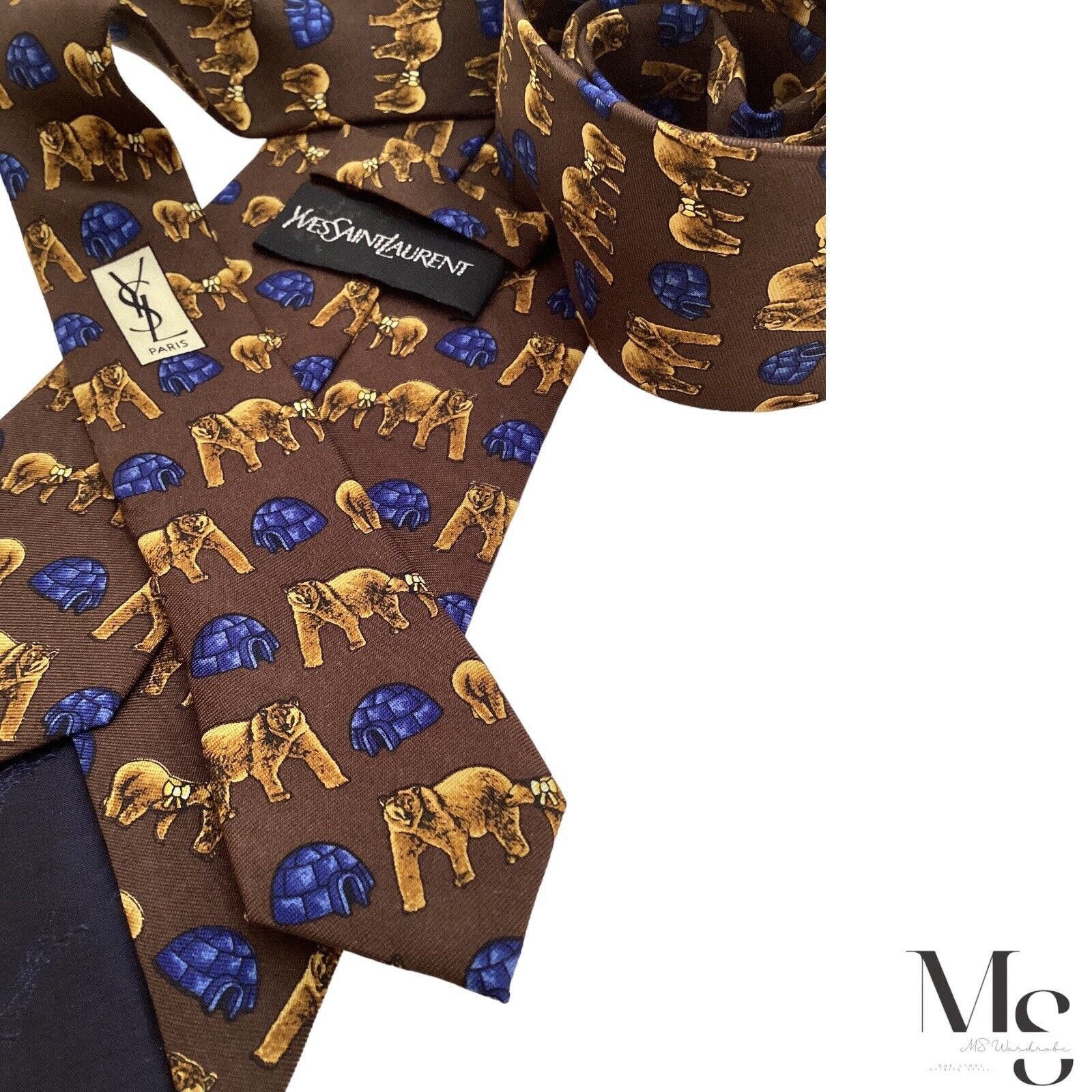 Yves Saint Laurent YVES SAINT LAURENT Brown Bear & Igloo Print Silk Tie Italy Size ONE SIZE - 4 Thumbnail