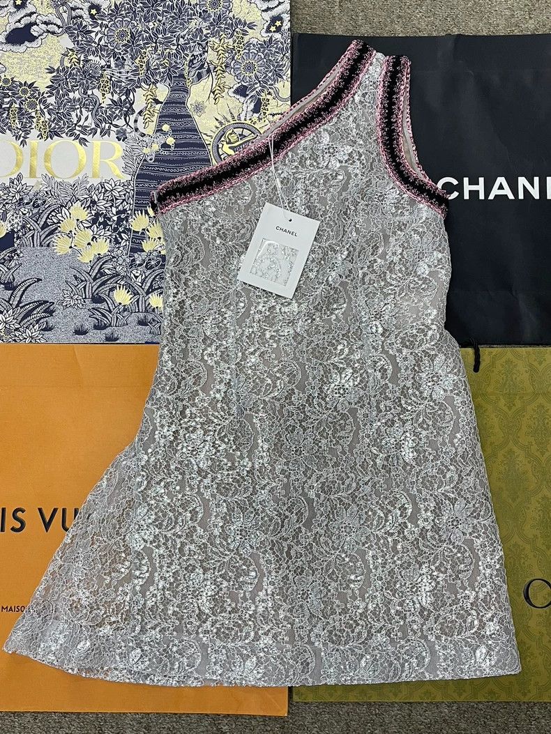 Chanel Silver Tweed Trim Lace Dress