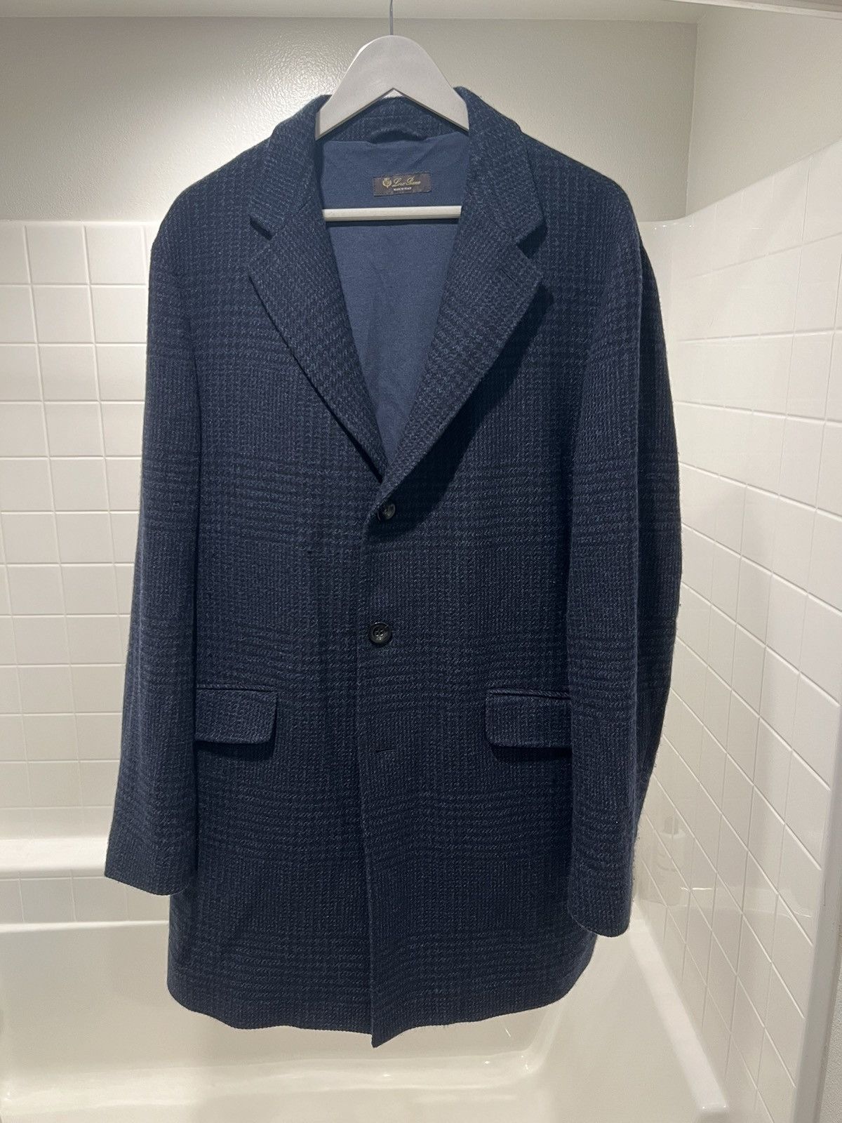 Image of Loro Piana Cashmere Storm System Houndstooth Top Coat in Black Blue, Men's (Size XL)