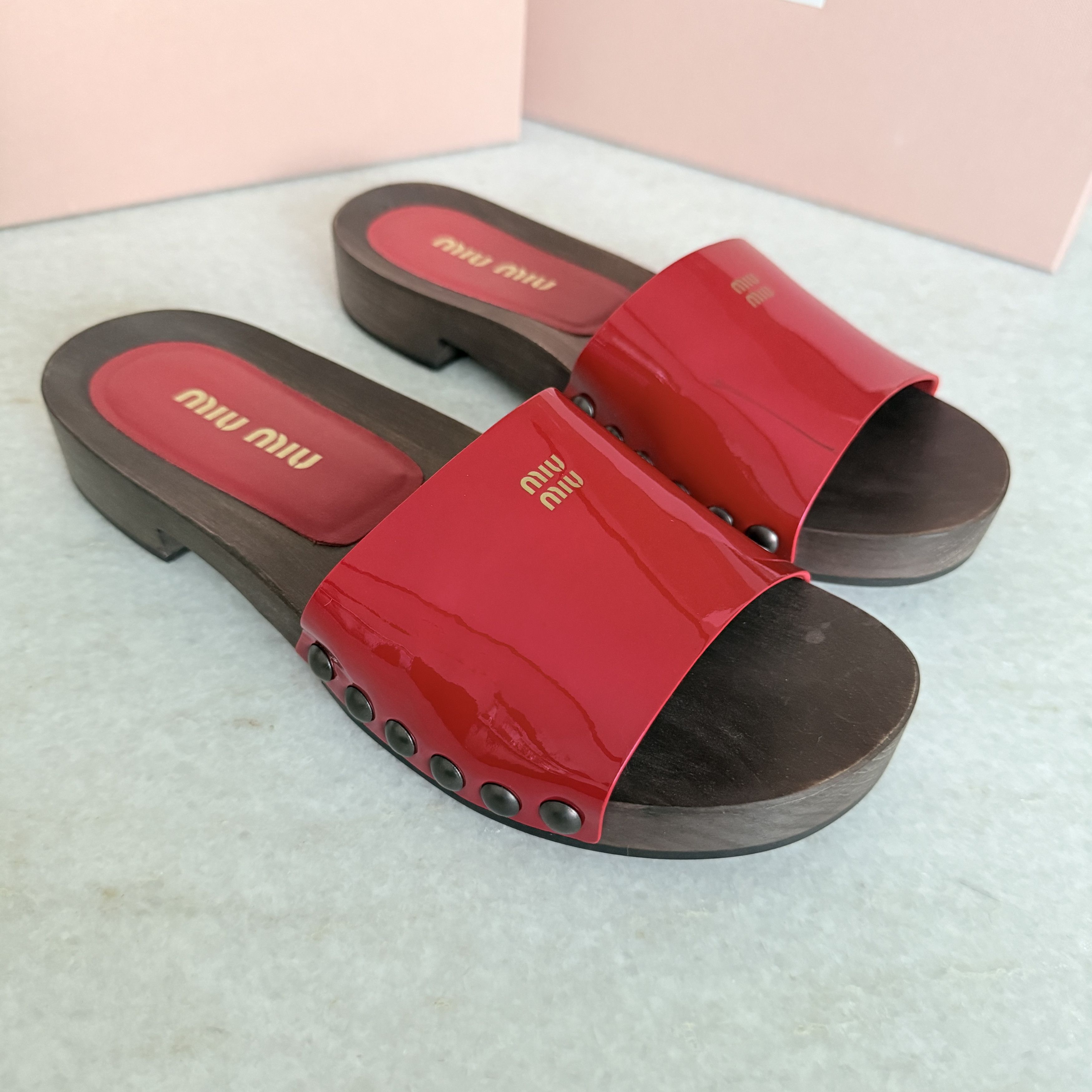 Miu Miu MIU MIU 5Z425E Red Patent Leather Wooden Clogs Sandals Size US 6 / IT 36 - 11 Thumbnail