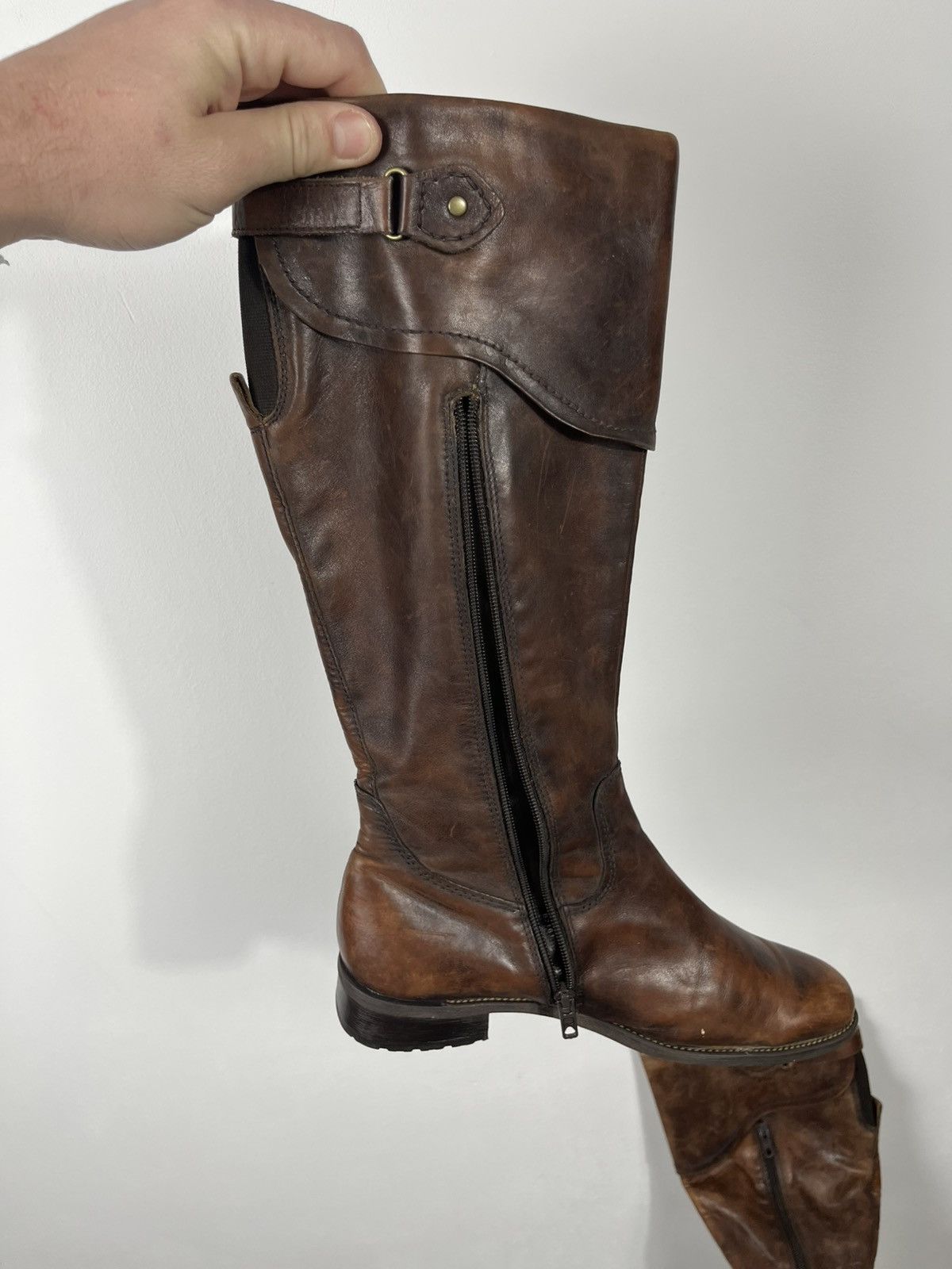 Leather Brown Leather Tall Boots Buckle Strap Zip Closure EU 39 Size US 8.5 / IT 38.5 - 20 Thumbnail