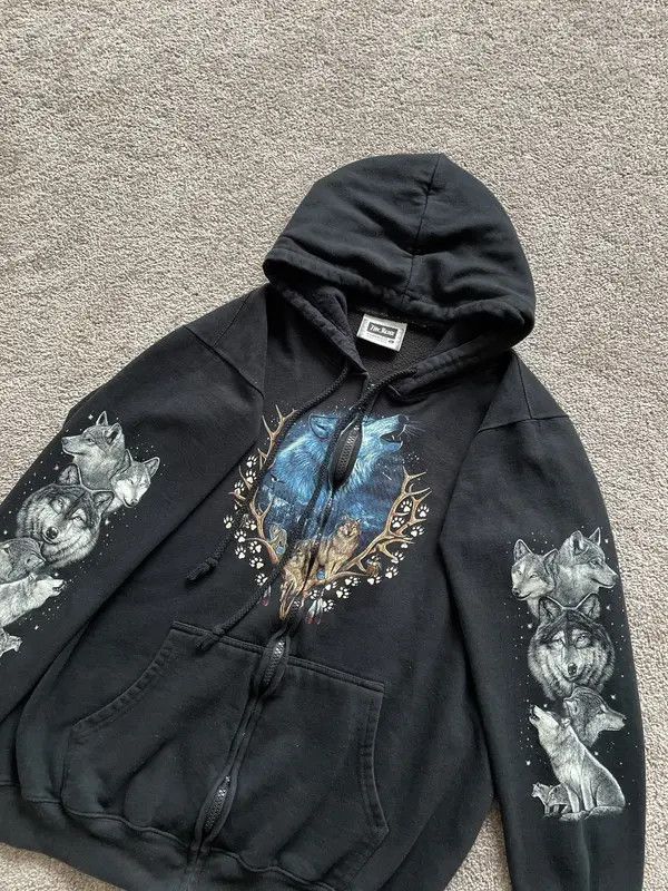 Japanese Brand × Vintage Vintage 90s All Over Wolf Graphic Zip-Up Hoodie Size US S / EU 44-46 / 1 - 3 Thumbnail