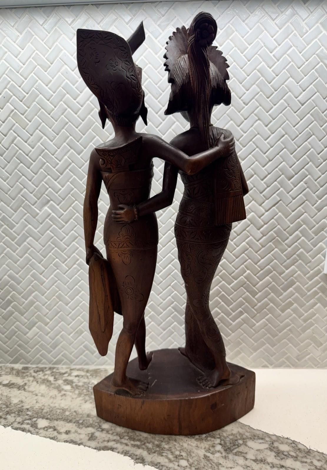 Designer Vintage BALI WOMANS Hand Carved WOOD Sculpture Couple Statue Size ONE SIZE - 3 Thumbnail
