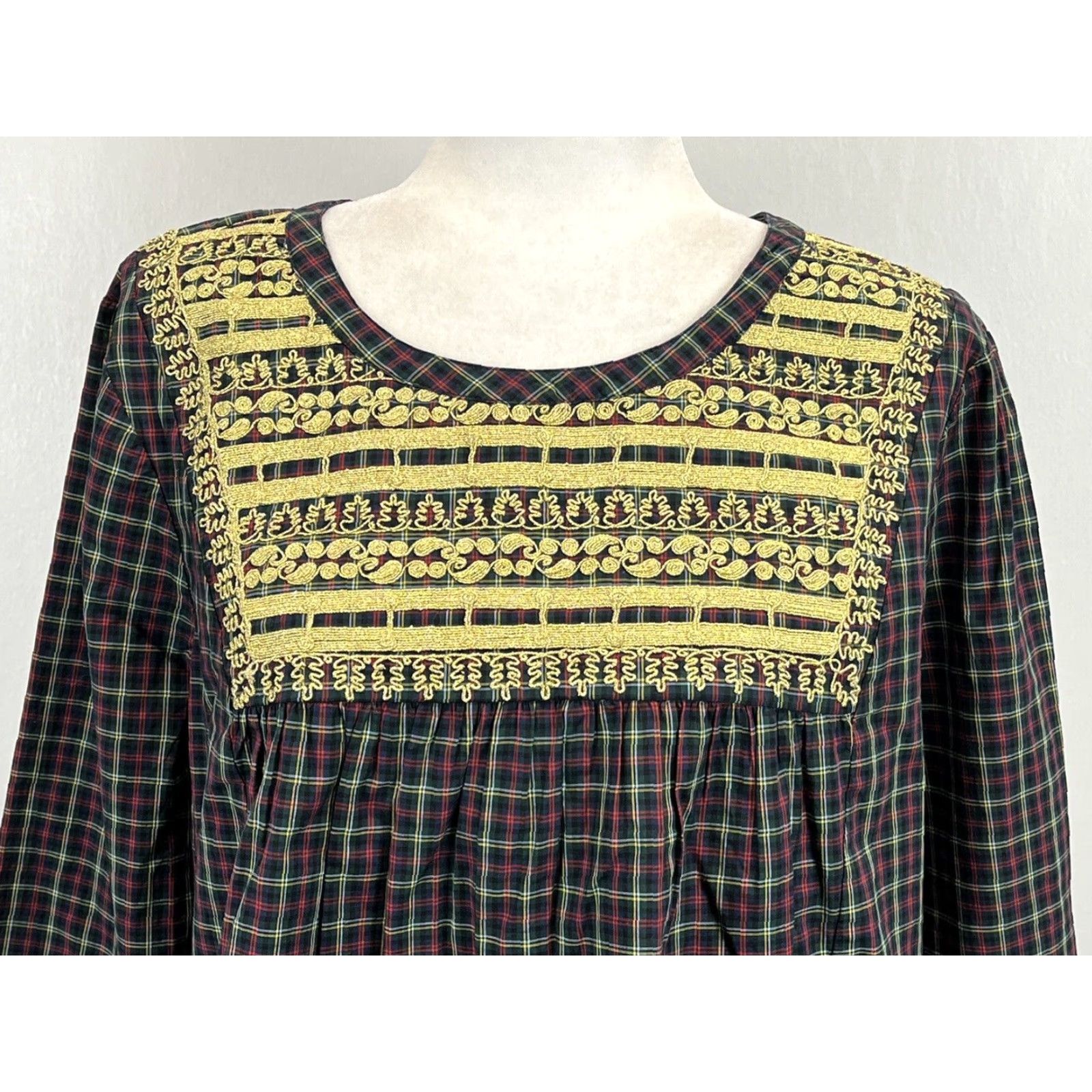 J.Crew J. Crew Women's Plaid Peasant Blouse Multicolor Large Gold Embroidery Size L / US 10 / IT 46 - 5 Thumbnail