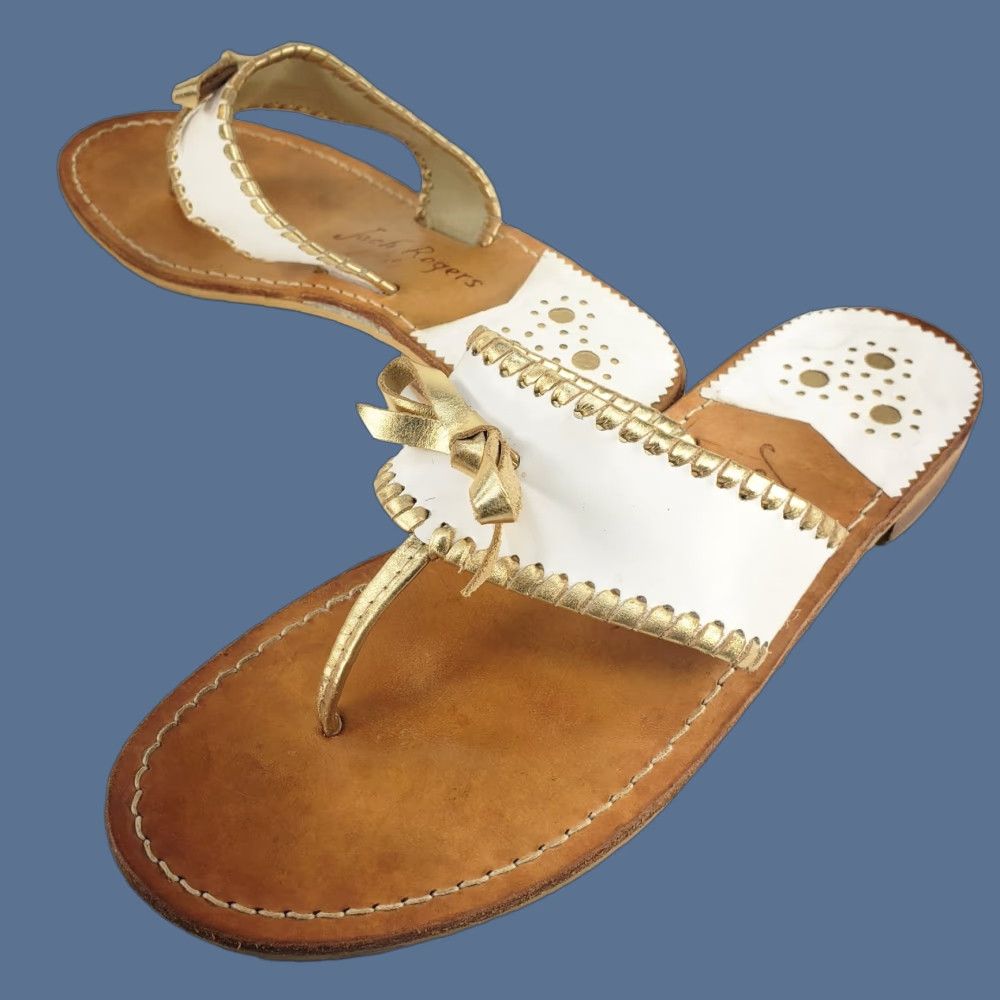 Jack Rogers VINTAGE Jack Rogers Adeline White Sandal Leather Bow Gold Metallic Trim Slip On 8.5-9 Womens Leather Flat 95s Cottage Metal Size US 8 / IT 38 - 1 Thumbnail