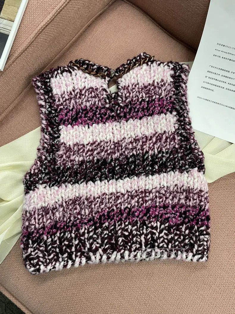 Chanel Chanel Purple striped chain rolled-edged thick knitted ves Size XXS / US 00 / IT 34 - 4 Thumbnail