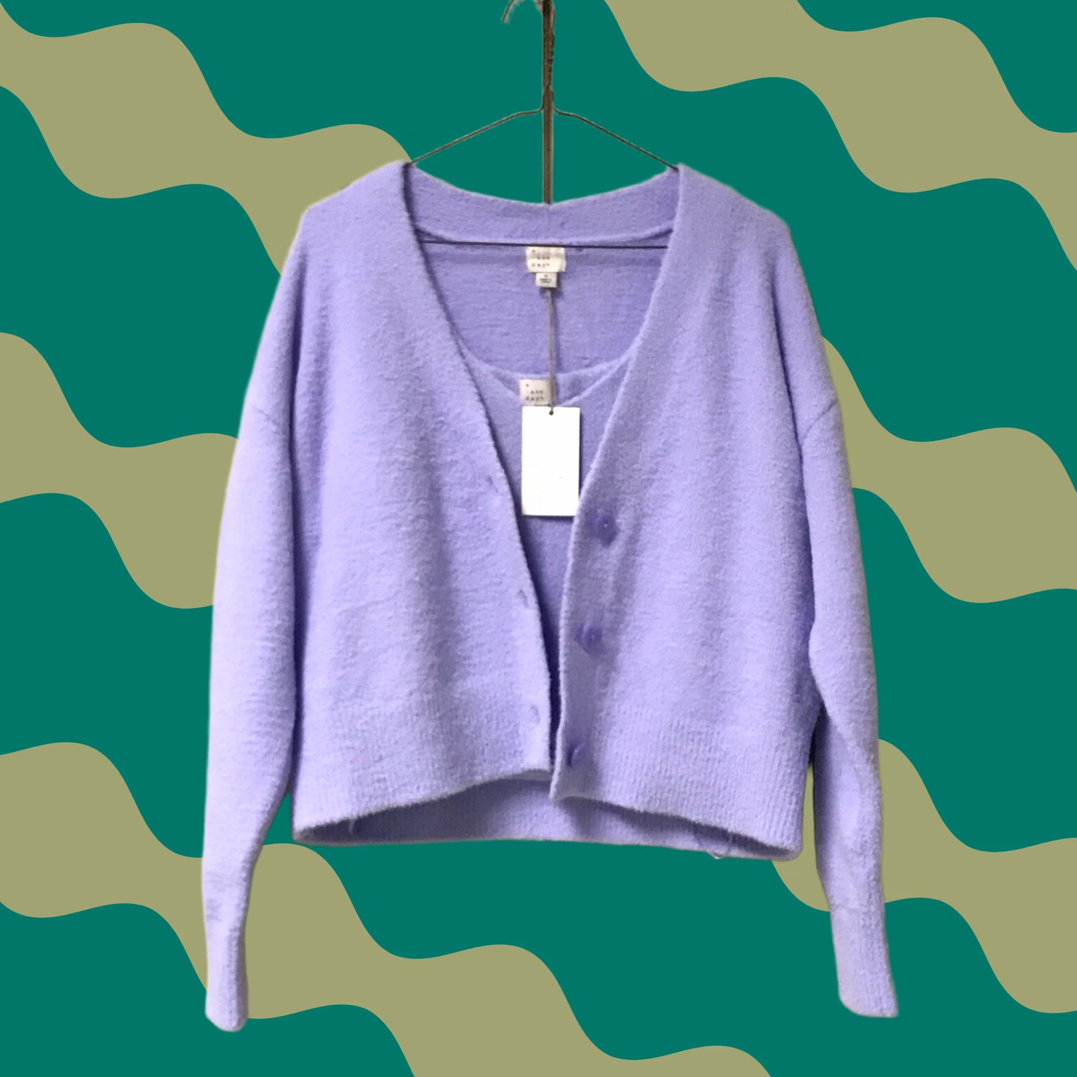Vintage A New Day Women Cardigan Sweater & Cropped Tank Top Set S Purple Fuzzy Cardigan Cropped Tank Top V-Neck Sleeves Long Vintage: No Size S / US 4 / IT 40 - 1 Thumbnail