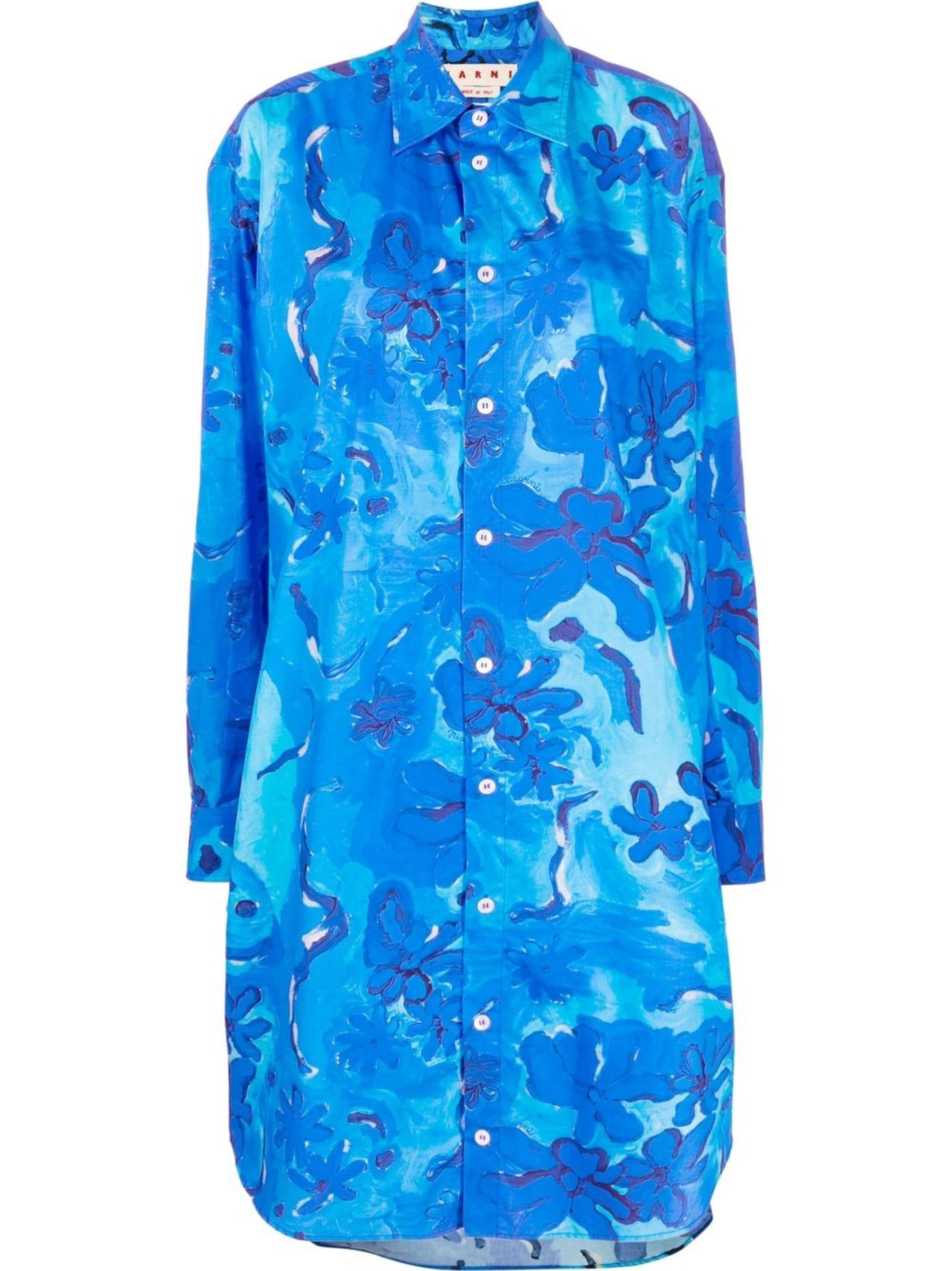 image of Marni O1W1Db10524 Floral Pattern Shirt Dress In Blue, Women's (Size 2XL)