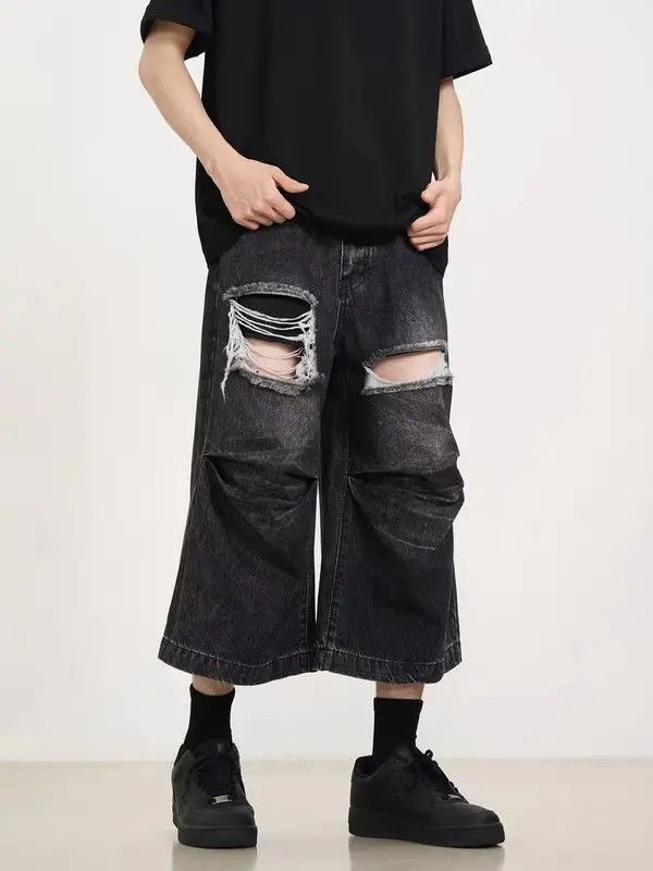 Japanese Brand VIBE Washed ripped and pleated black baggy denim shorts Size US 32 / EU 48 - 8 Thumbnail