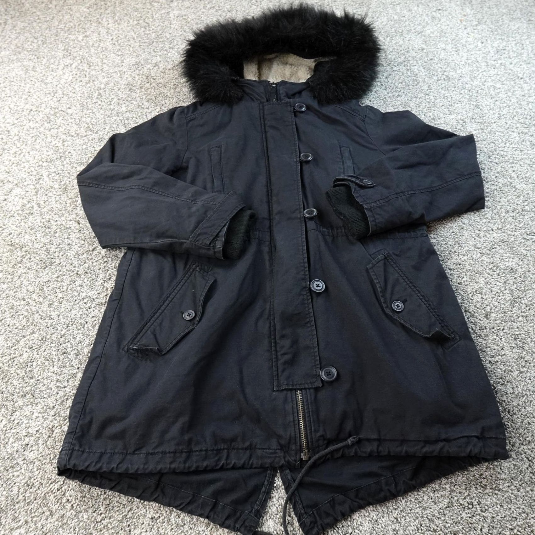 Gap VINTAGE Gap Coat Womens L Black Lined Military Fishtail Parka Faux Fur Hood Jacket Warm Size L / US 10 / IT 46 - 3 Thumbnail